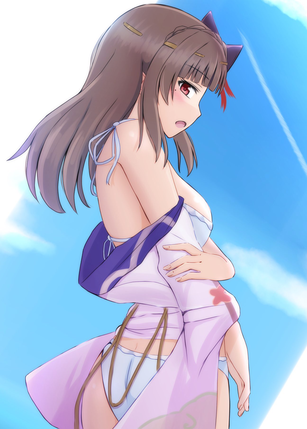 lelie (lelie link), kiryuu miya, heaven burns red, commentary request, highres, 1girl, blush, breasts, brown hair, from side, medium breasts, medium hair, mole, mole under eye, red eyes, swimsuit