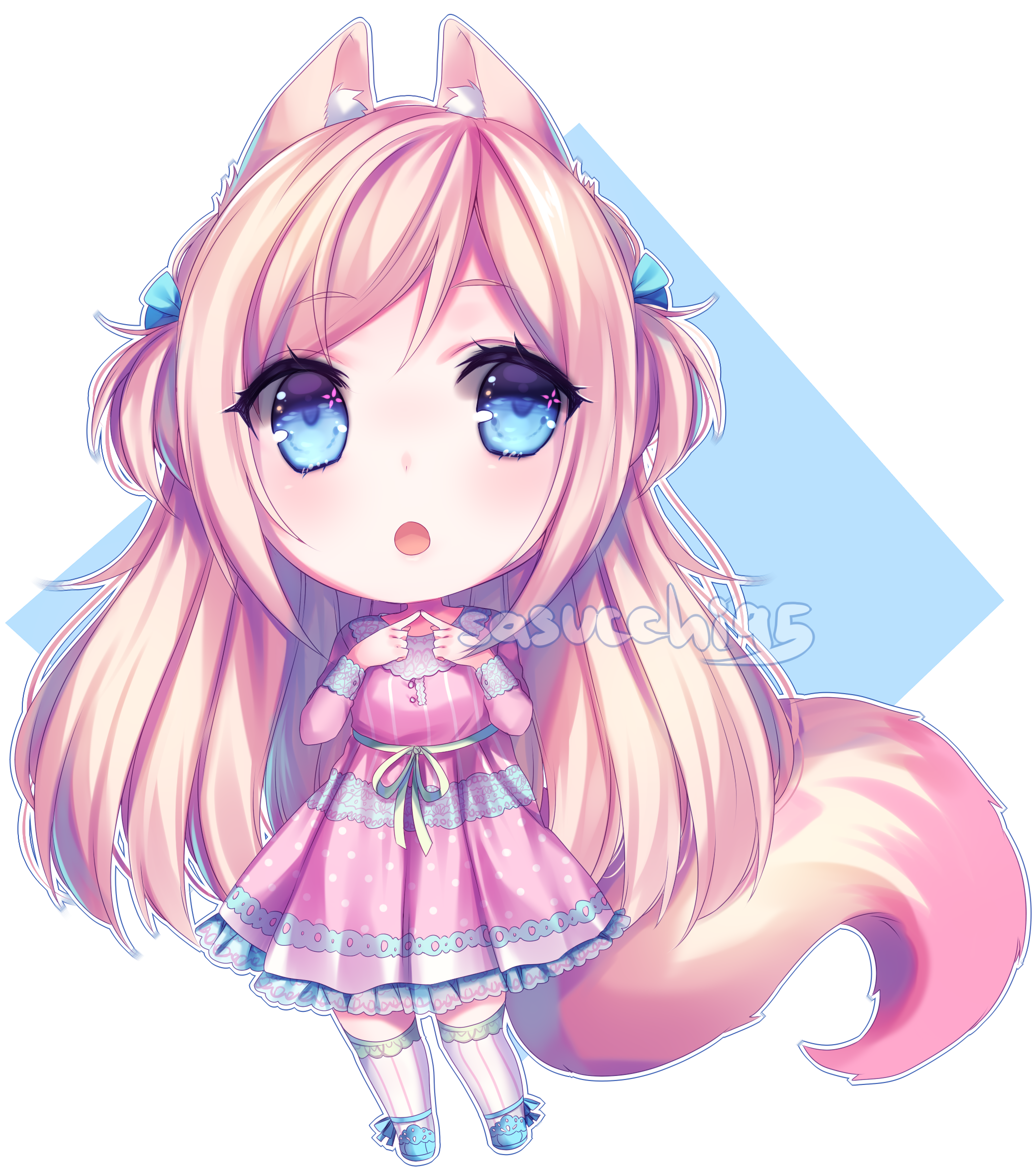 sasucchi95, original, commentary, commission, english commentary, highres, 1girl, :o, animal ear fluff, animal ears, artist name, blonde hair, blue background, blue bow, blue eyes, blue shoes, blush, border, bow, breasts, dress, facing viewer, frilled dress, frills, full body, green ribbon, hair bow, hands up, index fingers together, long hair, long sleeves, looking to the side, medium dress, open mouth, outline, outside border, pink dress, pink tail, pinstripe thighhighs, polka dot, polka dot dress, ribbon, shoes, sidelocks, simple background, small breasts, solo, sparkle, sparkling eyes, standing, straight-on, tail, tareme, thighhighs, tongue, transparent border, two-tone tail, two side up, very long hair, white outline, white thighhighs, wolf ears, wolf girl, wolf tail, yellow tail, zettai ryouiki