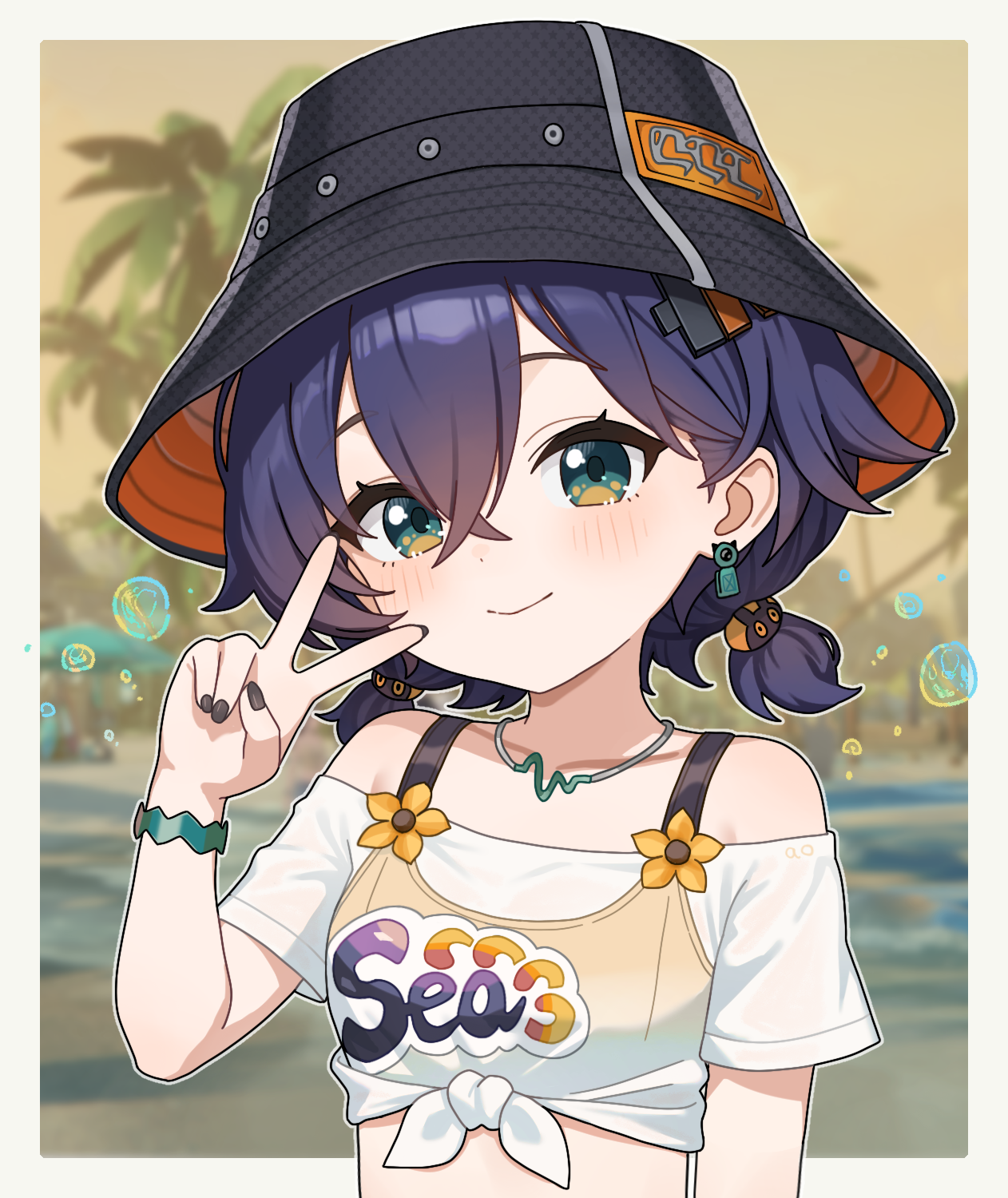 aowow, belle (summer skies) (zenless zone zero), belle (zenless zone zero), zenless zone zero, commentary, commentary request, english commentary, highres, 1girl, bikini, bikini top under shirt, bikini under clothes, black hat, black nails, blue hair, border, bracelet, bucket hat, closed mouth, deformed, earrings, green eyes, hat, jewelry, looking at viewer, necklace, official alternate costume, orange bikini, outside border, print shirt, see-through clothes, see-through shirt, shirt, short hair, smile, solo, swimsuit, tied shirt, upper body, v, white border, white shirt