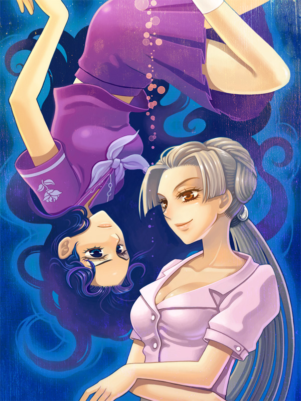 mami (harem queen's knight), o-p-i, tsuji aya, yamagishi yukako, jojo no kimyou na bouken, 2girls, blonde hair, blue eyes, breasts, brown eyes, cleavage, collarbone, long hair, multiple girls, ponytail, purple hair, rotational symmetry, school uniform, serafuku, smile, upside-down