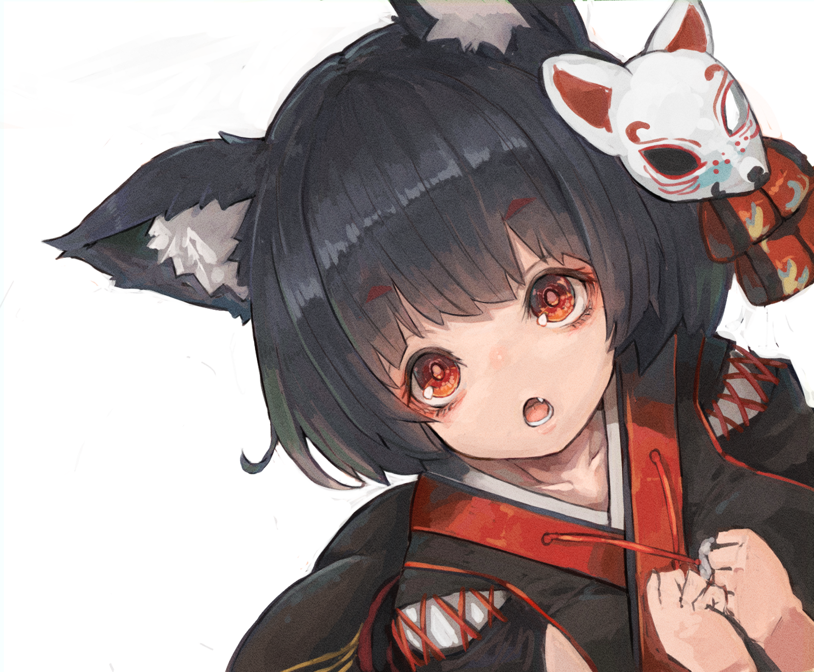 nyucha, yamashiro (azur lane), yamashiro (retrofit) (azur lane), azur lane, commentary request, highres, 1girl, :o, animal ear fluff, animal ears, ass, black hair, black kimono, bob cut, cat ears, cat mask, clenched hands, detached sleeves, eyeshadow, fang, from above, hair ornament, hair ribbon, japanese clothes, kanzashi, kimono, looking at viewer, makeup, mask, mask on head, mismatched eyebrows, open mouth, red eyes, red eyeshadow, ribbon, short hair, simple background, solo, thick eyebrows, white background, wispy bangs