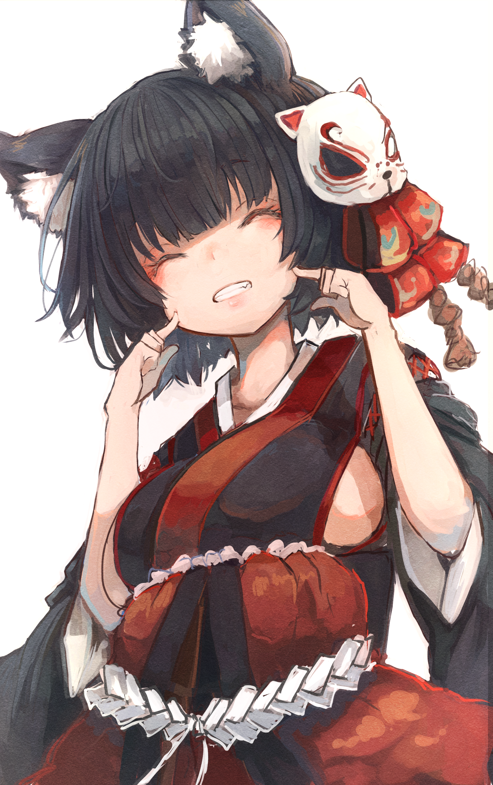 nyucha, yamashiro (azur lane), azur lane, absurdres, commentary request, highres, 1girl, animal ear fluff, animal ears, black hair, black kimono, black sash, blunt bangs, bob cut, breasts, cat ears, cat mask, closed eyes, detached sleeves, eyeshadow, facing viewer, fang, fingers to cheeks, furisode sleeves, hair ornament, hair ribbon, index finger raised, japanese clothes, kanzashi, kimono, long sleeves, makeup, manaita obi, mask, mask on head, medium breasts, obi, obijime, pointing, pointing at self, red eyeshadow, red sash, ribbon, rope, sash, shimenawa, short hair, sideboob, sideless kimono, simple background, sleeves rolled up, smile, solo, underbust, upper body, white background, wide sleeves, wispy bangs