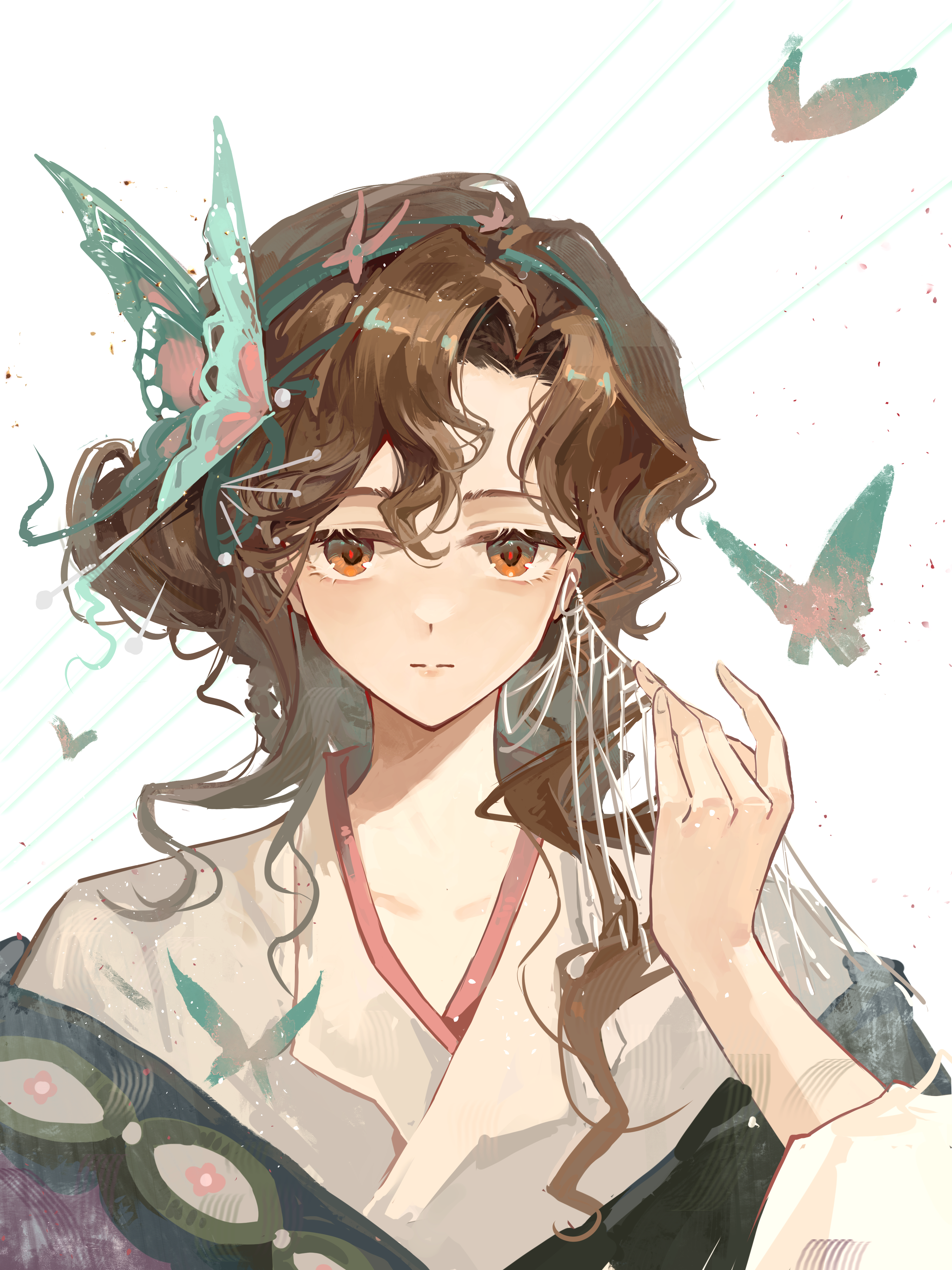 san sui dingshang ya, tooth fairy (reverse:1999), reverse:1999, absurdres, chinese commentary, commentary request, highres, 1girl, brown eyes, brown hair, bug, chain, chinese clothes, closed mouth, dress, face chain, hand up, hanfu, holding, holding chain, insect, long hair, looking at viewer, moth, moth hair ornament, official alternate costume, purple hanfu, solo, straight-on, upper body, white dress