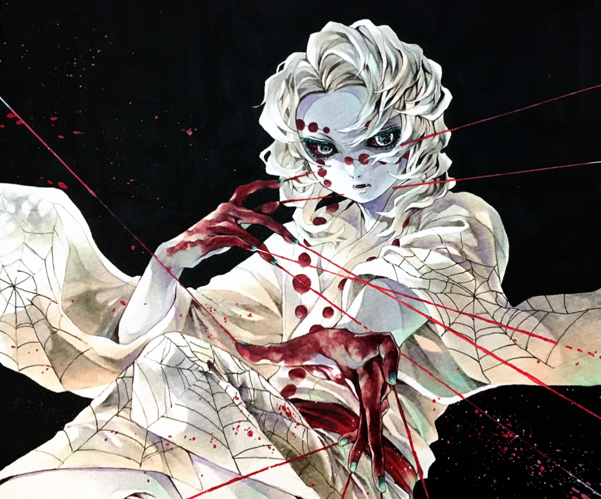 ruchi (nxje5533), rui (kimetsu no yaiba), kimetsu no yaiba, commentary, highres, marker (medium), traditional media, 1boy, bishounen, black background, black sclera, blood, blood on clothes, blood on hands, blood splatter, bloody weapon, circle, colored sclera, cowboy shot, demon boy, dynamic pose, facial mark, fangs, flipped hair, floating clothes, floating kimono, green nails, incoming attack, inward flipped hair, japanese clothes, jumping, kimono, knee up, looking at viewer, male focus, medium hair, open mouth, outstretched arm, pale skin, print kimono, red sash, sash, solo, spider web print, string, symbol-shaped pupils, teeth, weapon, white hair, white kimono, wire manipulation