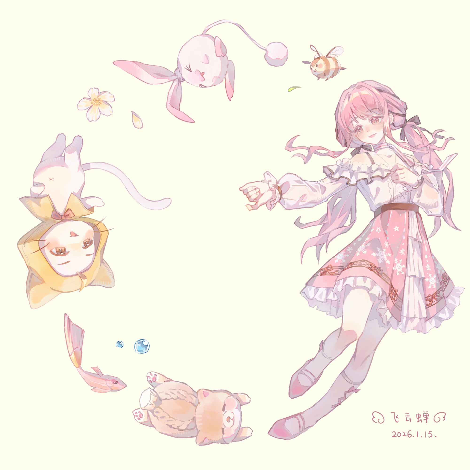 blushbunny (infinity nikki), floof (infinity nikki), foodie bee (infinity nikki), momo (nikki), nikki (nikki), perfect start (infinity nikki), infinity nikki, nikki (series), chinese commentary, commentary request, highres, > <, 1girl, animal, bare shoulders, bee, belt, black belt, black bow, black ribbon, bow, bow choker, bow legwear, bowtie, bra strap, brown eyes, bubble, bug, buttons, cat, center frills, choker, circle, cloak, clothed animal, collarbone, cross-laced socks, dated, ear covers, feiyunchan, fish, flower, frilled shirt, frilled skirt, frilled sleeves, frills, full body, hair bow, hair intakes, hair ribbon, hand on own chest, hood, hood up, hooded cloak, insect, kneehighs, knees, light blush, long hair, long sidelocks, long sleeves, looking to the side, miniskirt, navel, open mouth, outstretched hand, pink bow, pink bowtie, pink choker, pink hair, pink shirt, pink skirt, pleated skirt, print skirt, puffy long sleeves, puffy sleeves, rabbit, red bow, red bowtie, ribbon, see-through clothes, see-through sleeves, shiba inu, shirt, sidelocks, signature, simple background, single stripe, skirt, smile, snowflake print, snowflakes, socks, striped bow, striped bowtie, striped choker, striped clothes, traditional bowtie, tress ribbon, upside-down, very long hair, whiskers, white cat, white flower, white shirt, white skirt, yellow background, yellow cloak