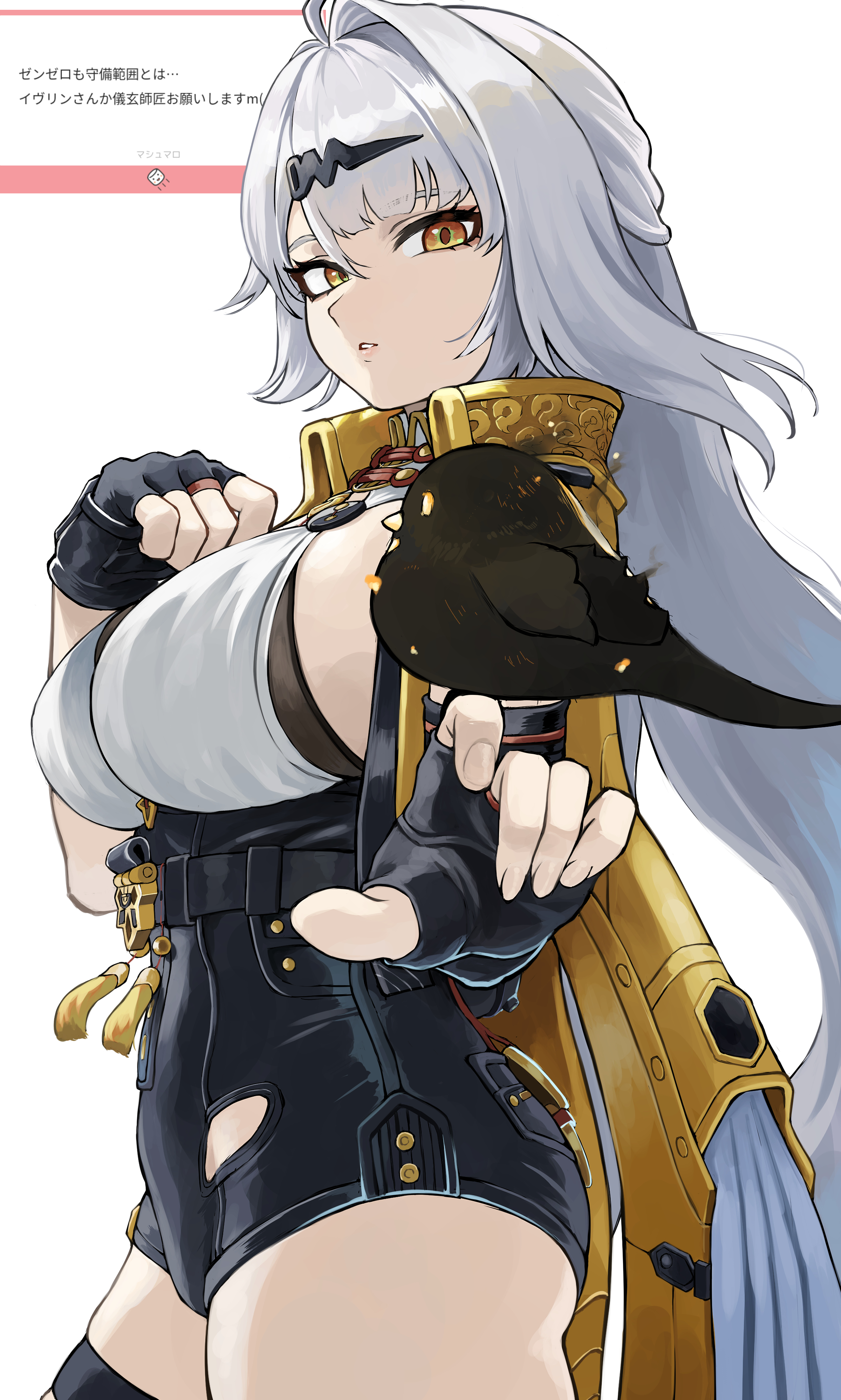 fengling (furin-jp), haicma (pgr), yixuan (zenless zone zero), zenless zone zero, absurdres, highres, 1girl, ahoge, asymmetrical gloves, bird, bird on hand, black bird, black gloves, black thighhighs, black unitard, breasts, elbow gloves, fingerless gloves, gloves, grey hair, hair ornament, high-waist shorts, jacket, large breasts, long hair, long sleeves, looking at viewer, marshmallow (site), open clothes, open jacket, parted lips, shirt, shorts, simple background, single elbow glove, single thighhigh, solo, thighhighs, thighs, uneven gloves, very long hair, white background, white hair, yellow eyes, yellow jacket