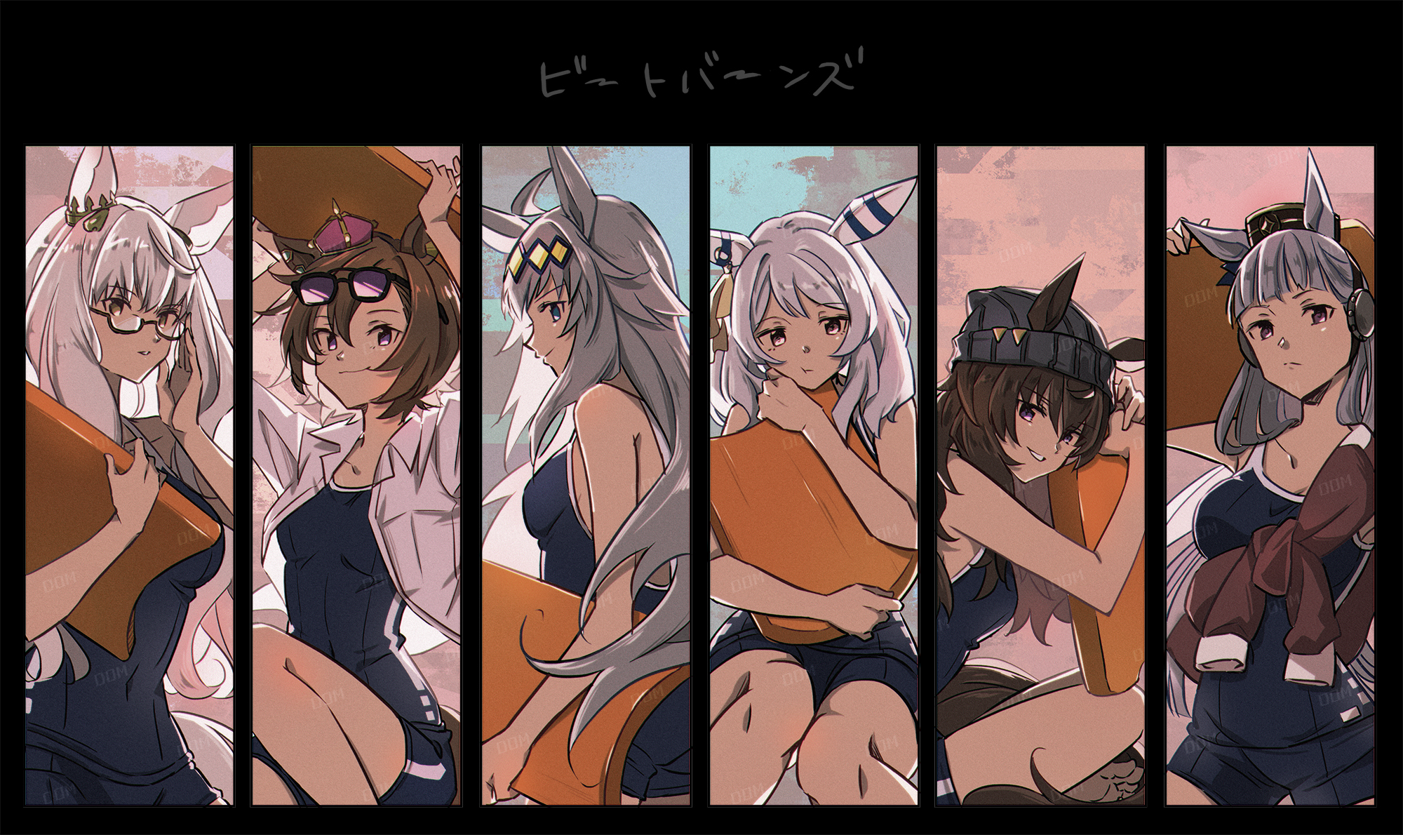 biwa hayahide (umamusume), gold ship (umamusume), hishi miracle (umamusume), nakayama festa (umamusume), oguri cap (umamusume), t.m. opera o (umamusume), umamusume, commentary request, highres, 6+girls, ahoge, animal ears, beanie, blue eyes, blue one-piece swimsuit, blunt bangs, bow, breasts, brown eyes, brown hair, brown hat, closed mouth, competition school swimsuit, crown, domdam80, ear bow, ear covers, ear ornament, ears through headwear, eyewear on head, frown, glasses, grey hair, grey hat, hair between eyes, hair ornament, hairband, hat, holding, holding kickboard, horse ears, horse girl, horse tail, kickboard, large breasts, long hair, medium breasts, medium hair, mini crown, multicolored hair, multiple girls, one-piece swimsuit, open clothes, open shirt, parted lips, pillbox hat, pink crown, purple-tinted eyewear, purple bow, purple eyes, red shirt, school swimsuit, semi-rimless eyewear, shirt, short hair, single vertical stripe, smile, sunglasses, swimsuit, tail, tied shirt, tinted eyewear, tracen swimsuit, under-rim eyewear, white shirt, yellow eyes