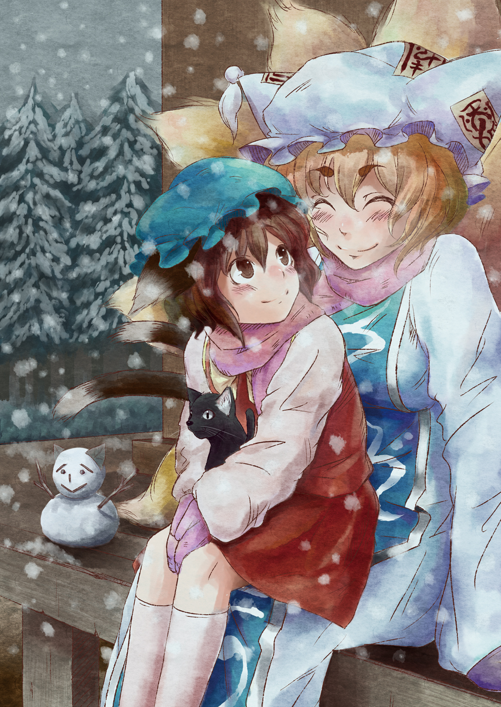 nekoarashi, yana (nekoarashi), chen, yakumo ran, touhou, highres, 2girls, blush, cat, closed eyes, family bonding, female focus, happy, mittens, multiple girls, scarf, shared clothes, shared scarf, sitting, sitting on lap, sitting on person, smile, snow, snowman