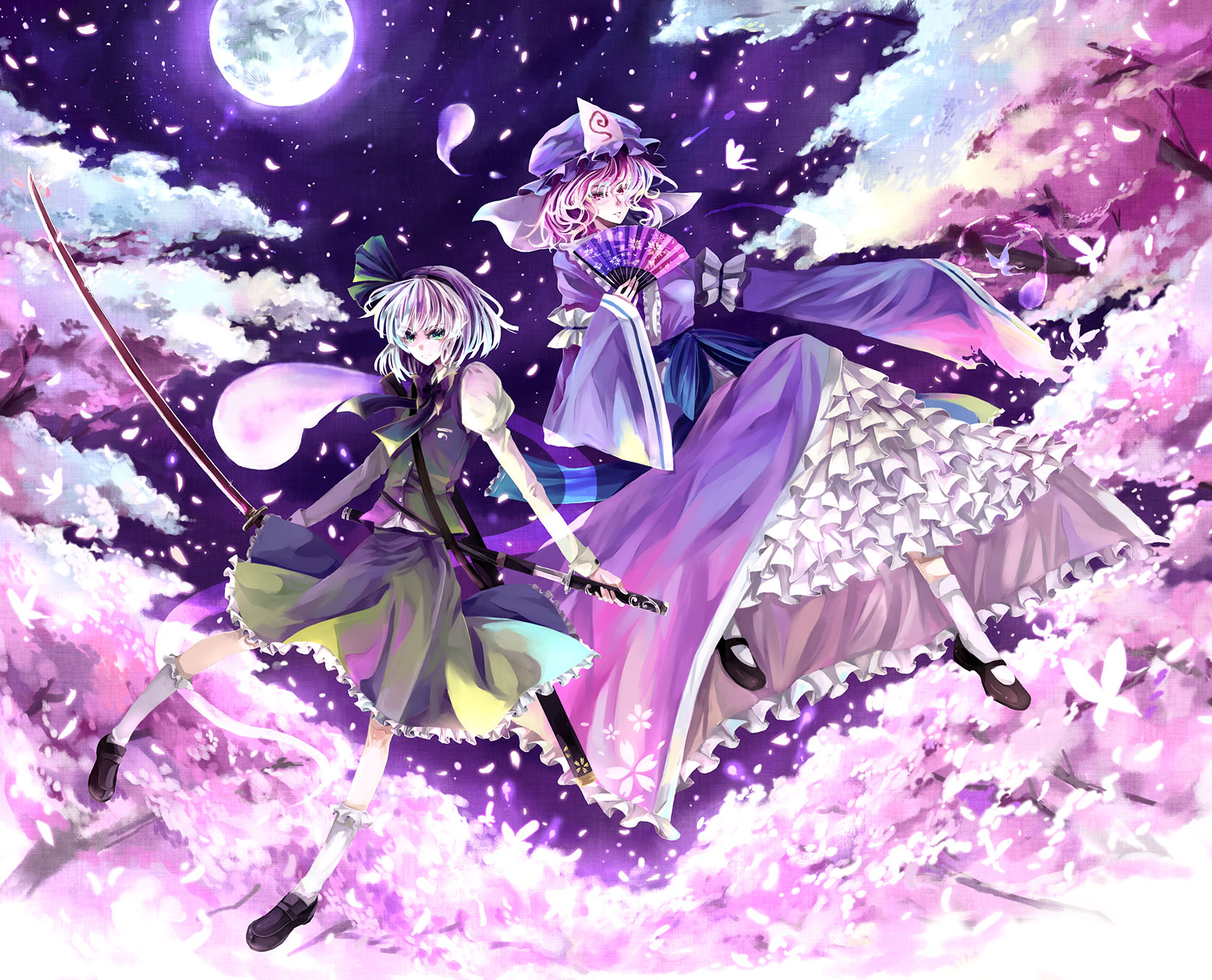 nako, nako (nonrain), konpaku youmu, konpaku youmu (ghost), saigyouji yuyuko, touhou, silver hair, white legwear, highres, 2girls, bobby socks, bug, butterfly, cherry blossoms, dual wielding, female focus, floating, flying, folding fan, frills, full moon, gathers, green eyes, hairband, hand fan, hat, holding, japanese clothes, katana, kimono, kneehighs, loafers, mary janes, moon, multiple girls, pink eyes, pink hair, puffy sleeves, sheath, shoes, socks, sword, unsheathing, weapon