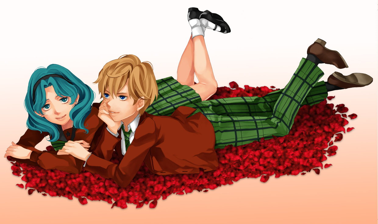 kitashiba, kaiou michiru, ten'ou haruka, bishoujo senshi sailor moon, bishoujo senshi sailor moon s, bad id, bad pixiv id, 1990s (style), 2girls, androgynous, blonde hair, blue eyes, flower, green hair, mugen gakuen school uniform, multiple girls, retro artstyle, reverse trap, school uniform, short hair