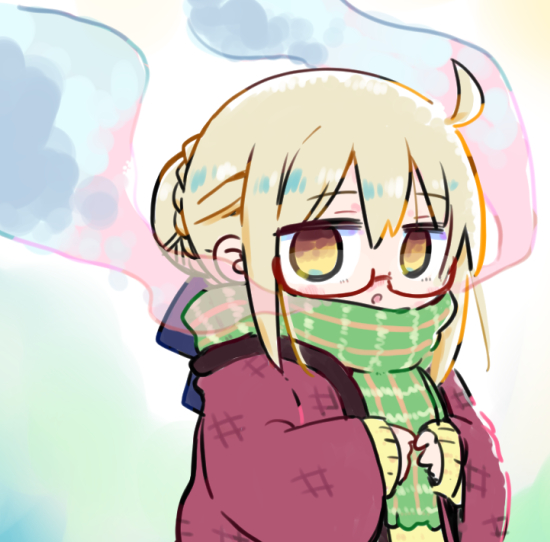 kasuga yuuki, artoria pendragon (fate), mysterious heroine x alter (fate), fate/grand order, fate (series), 1girl, :o, blonde hair, braid, brown eyes, chibi, glasses, green scarf, hair bun, long sleeves, looking at viewer, parted lips, red-framed eyewear, scarf, semi-rimless eyewear, sleeves past wrists, solo, sweater, under-rim eyewear, yellow sweater