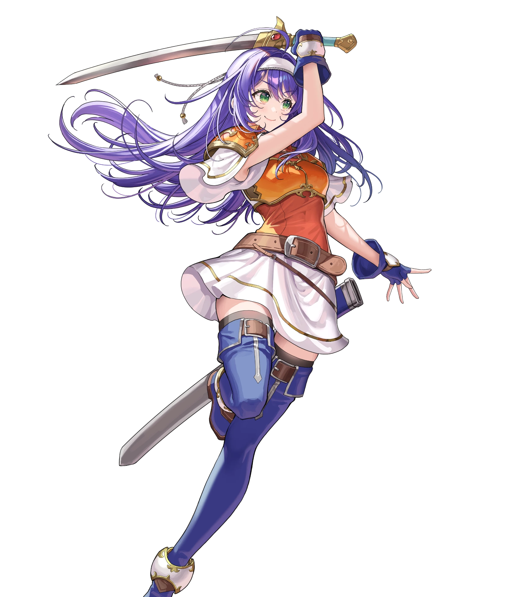 okuma mai, mia (fire emblem), fire emblem, fire emblem: path of radiance, fire emblem: radiant dawn, fire emblem heroes, nintendo, highres, non-web source, official art, 1girl, ahoge, armor, attack, belt, black thighhighs, blue boots, blue gloves, blue hair, blush, boots, breastplate, breasts, brown belt, closed mouth, fighting stance, fingerless gloves, full body, gloves, green eyes, hairband, headband, holding, holding sword, holding weapon, long hair, looking at viewer, mia (zenith challenger) (fire emblem), official alternate costume, orange shirt, purple hair, scabbard, sheath, shirt, short sleeves, shoulder armor, simple background, skirt, smile, solo, sword, thigh boots, thighhighs, thighs, weapon, white background, white hairband, white headband, white shirt, white skirt