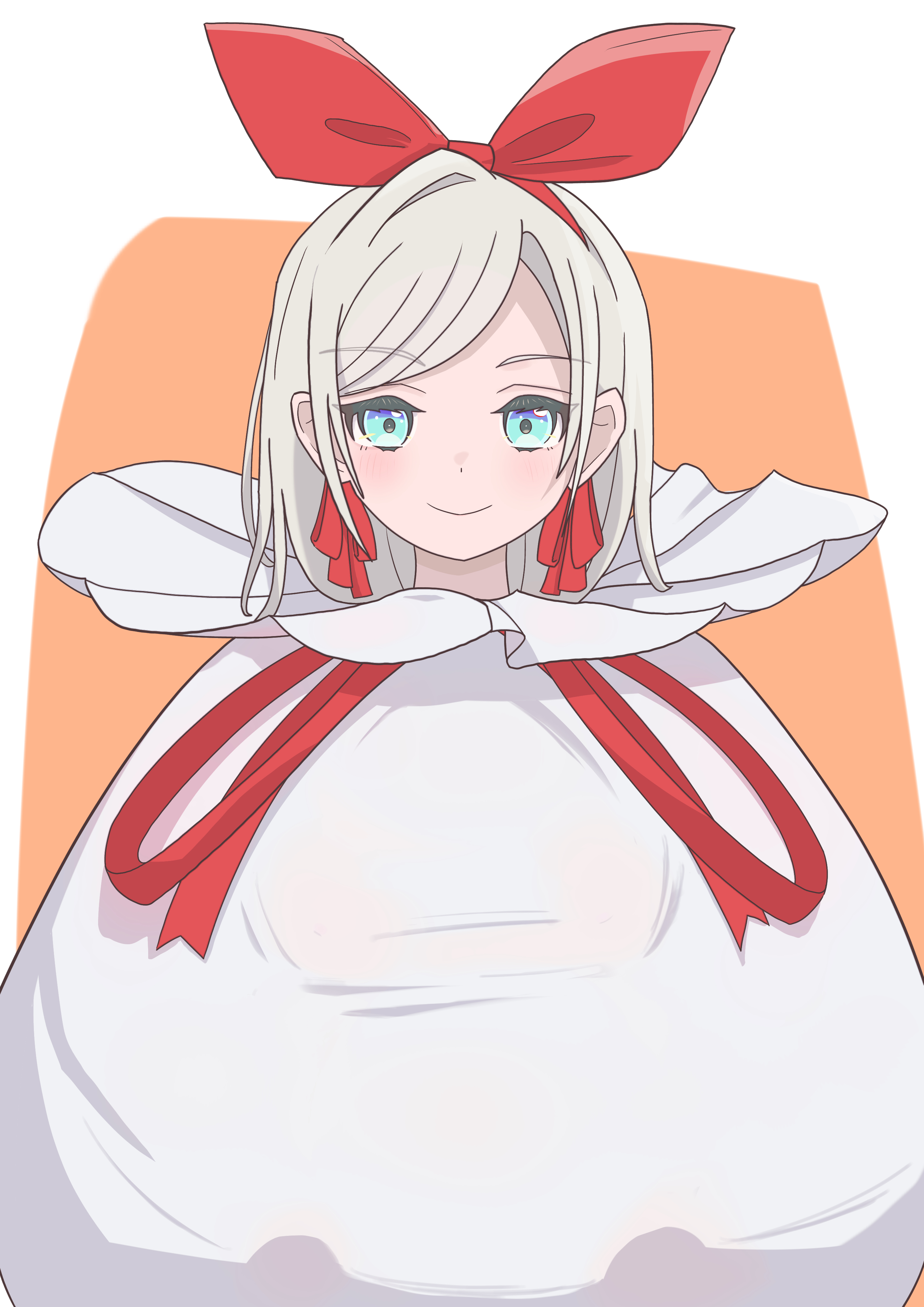 ceras yanagida lilienfeld, link! like! love live!, love live!, absurdres, commentary request, highres, 1girl, blue eyes, border, bow, bow hairband, closed mouth, grey hair, hair bow, hair ribbon, hairband, hasutousan, in container, in sack, orange background, outside border, red bow, red hairband, red ribbon, ribbon, sack, simple background, smile, solo, straight-on, virtual youtuber, white border