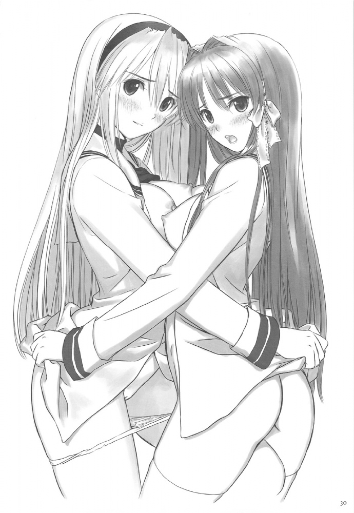 tony taka, fujibayashi kyou, sakagami tomoyo, clannad, md5 mismatch, resized, 00s, 2girls, ass, blush, bottomless, bow, breast press, breasts, cleft of venus, frottage, hair bow, hairband, large breasts, long hair, monochrome, multiple girls, nipples, open mouth, panties, panty pull, pussy, school uniform, symmetrical docking, thighhighs, uncensored, underwear, yuri