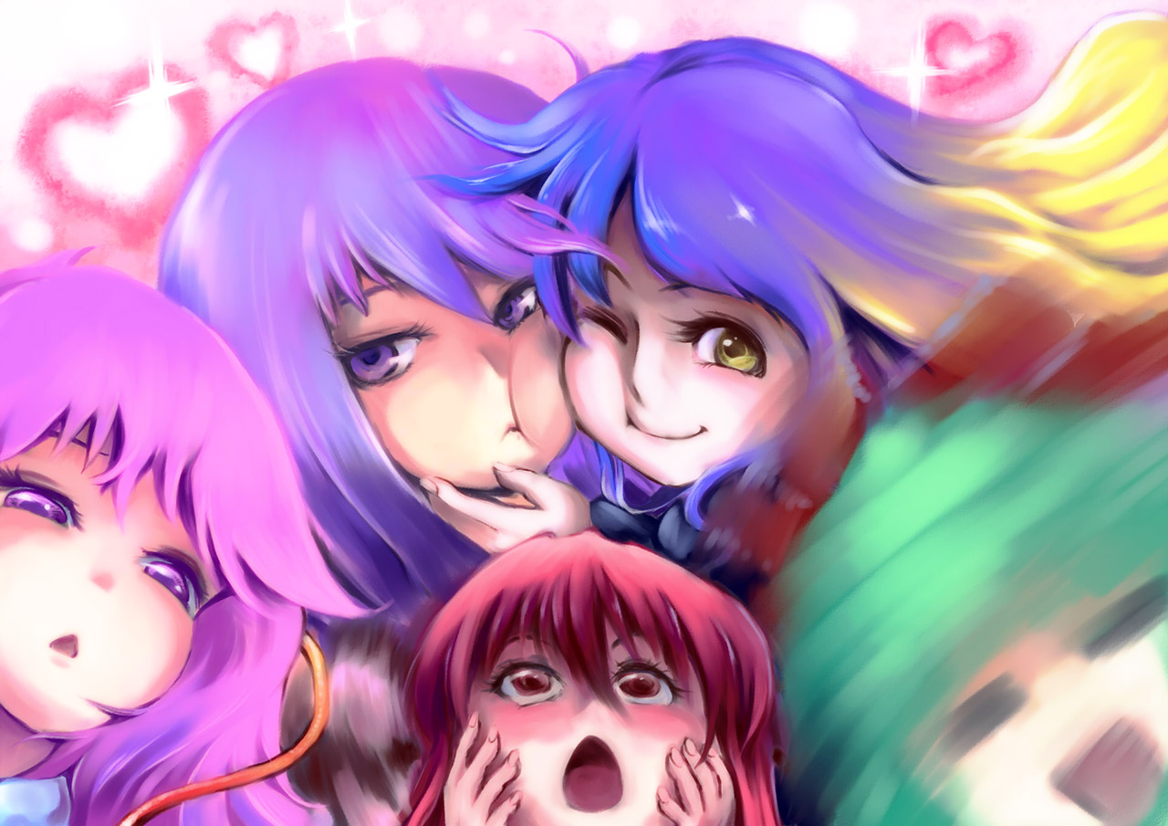 leo.k, hijiri byakuren, kagiyama hina, koakuma, komeiji satori, patchouli knowledge, touhou, 5girls, :<, cheek-to-cheek, female focus, green hair, heads together, motion blur, multiple girls, one eye closed, purple eyes, purple hair, red eyes, red hair, smile, wink, yellow eyes