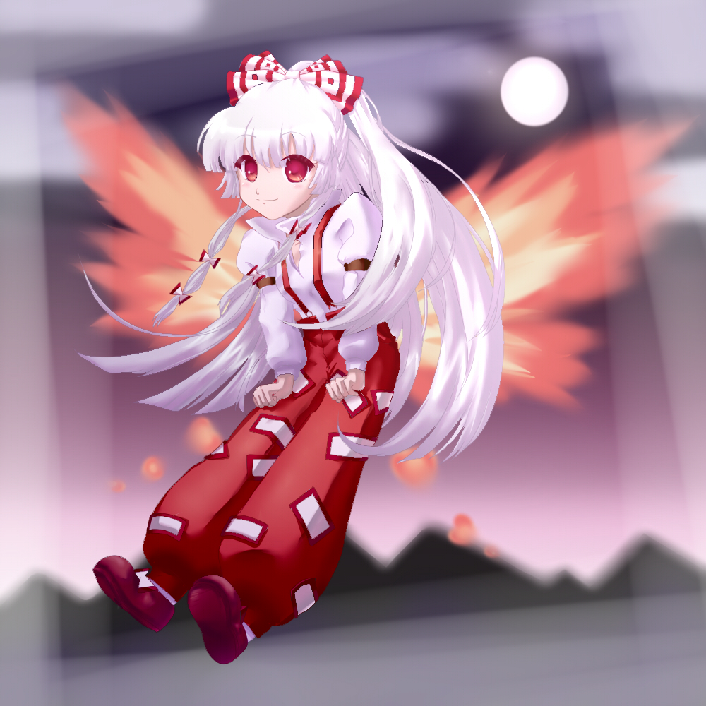 gogovege, fujiwara no mokou, touhou, silver hair, bad id, bad pixiv id, 1girl, bow, female focus, fiery wings, fire, full moon, hair bow, hair ribbon, hands in pockets, long hair, long sleeves, moon, multiple hair bows, oekaki, pants, ponytail, red eyes, ribbon, shirt, shoes, smile, solo, suspenders, white shirt, wings