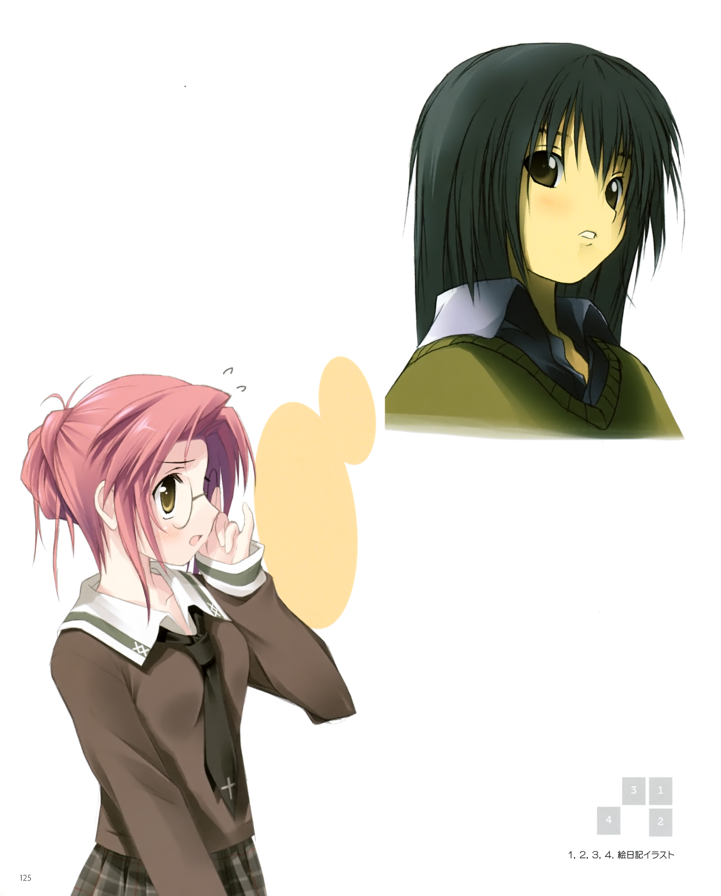 kantoku, absurdres, highres, 2girls, black hair, glasses, multiple girls, necktie, plaid clothes, plaid skirt, skirt