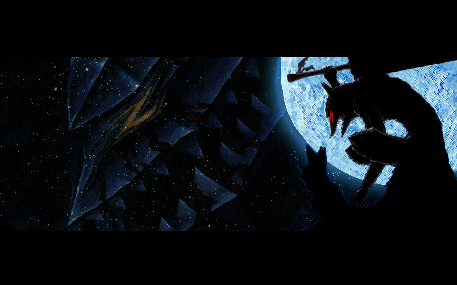 guts (berserk), berserk, highres, 1990s (style), armor, berserker armor, dark, dragonslayer (sword), full armor, moon, retro artstyle, star (symbol), sword, weapon