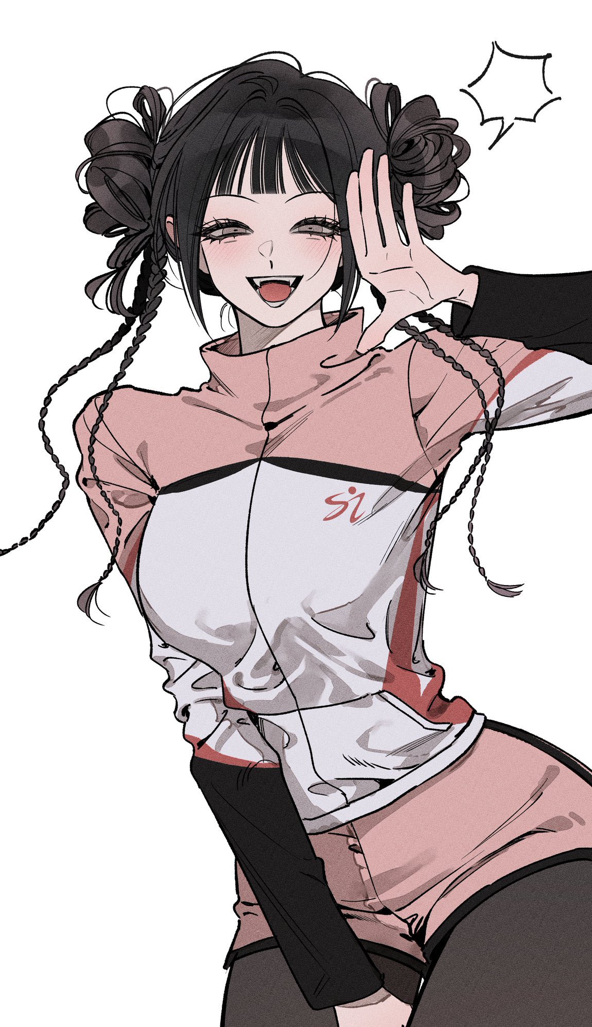 original, commentary request, highres, korean commentary, 1girl, between legs, black hair, blush, braid, cowboy shot, double bun, fangs, hair bun, half-closed eyes, hand between legs, hye xa, looking at viewer, pantyhose, shorts, solo, speech bubble, sportswear, white background