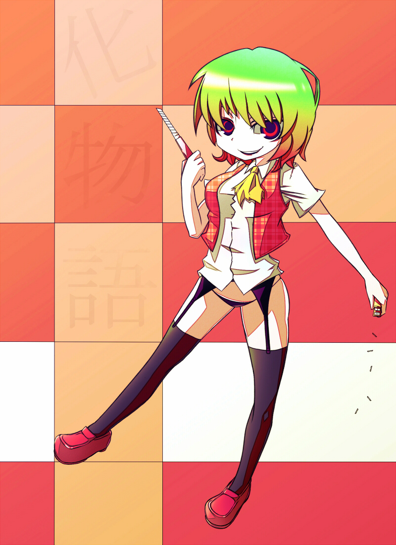 sakurai energy, kazami yuuka, bakemonogatari, monogatari (series), touhou, bad id, bad pixiv id, 1girl, ascot, black panties, black thighhighs, boxcutter, female focus, garter belt, gradient hair, green hair, multicolored hair, no pants, panties, parody, plaid clothes, plaid vest, red eyes, short hair, smirk, solo, thighhighs, underwear, unmoving pattern, vest