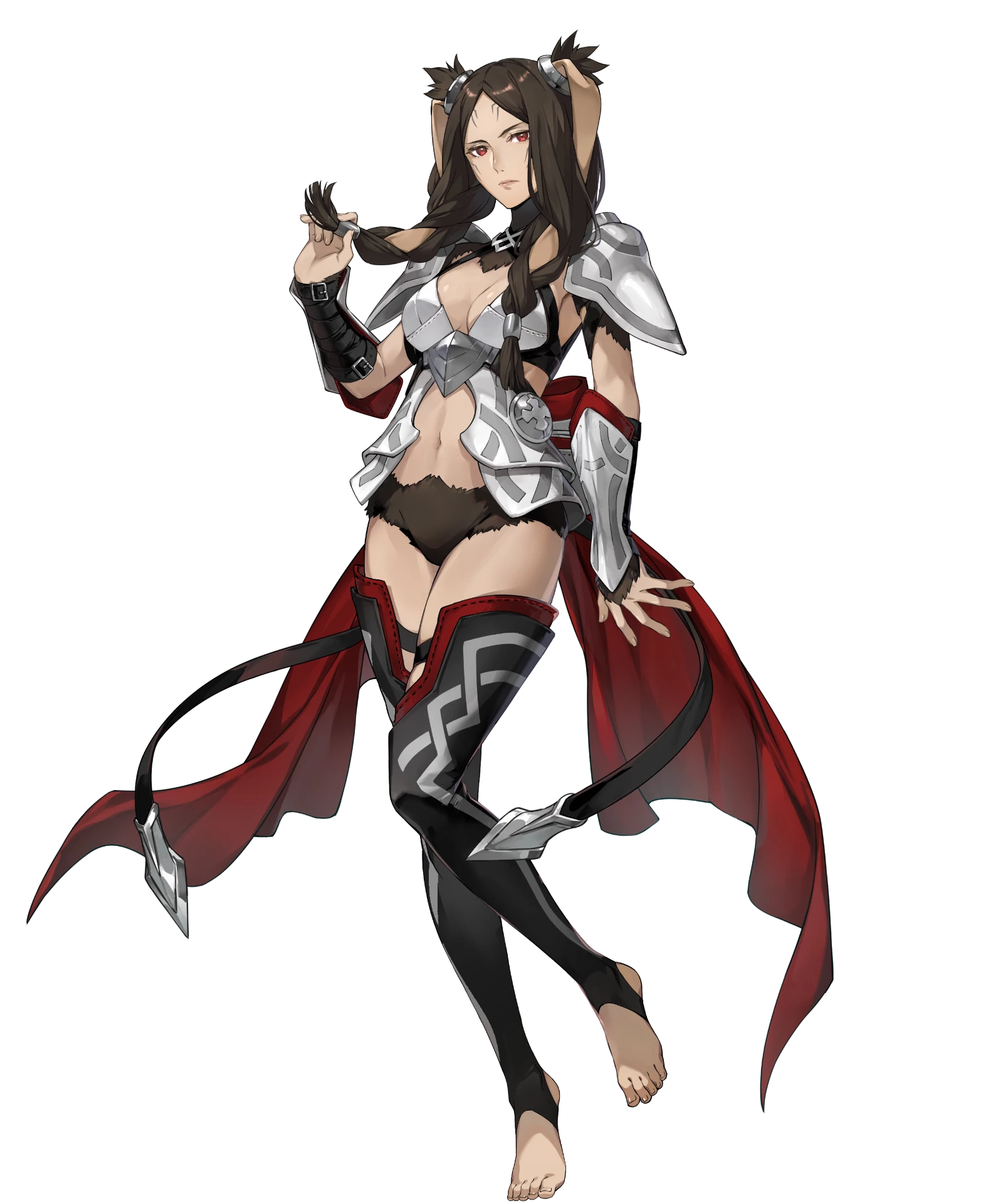 panne (fire emblem), fire emblem, fire emblem awakening, fire emblem heroes, nintendo, highres, non-web source, official art, 1girl, animal ears, barefoot, breasts, brown eyes, brown hair, cape, cleavage, looking at viewer, low twintails, medium breasts, navel, official alternate costume, panne (resplendent) (fire emblem), rabbit ears, rabbit girl, red cape, shoulder pads, solo, tachi-e, thighhighs, twintails, twirling hair