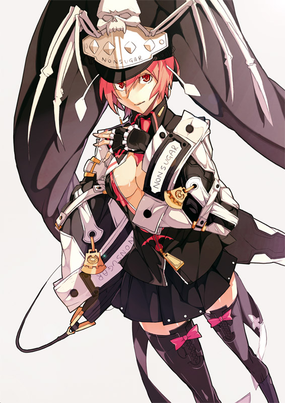 rei (pixiv 187780), valentine (guilty gear), arc system works, guilty gear, guilty gear 2, 1girl, bow, breasts, cleavage, female focus, fingerless gloves, gloves, hat, necktie, red eyes, red hair, ribbon, short hair, skull, solo, thighhighs