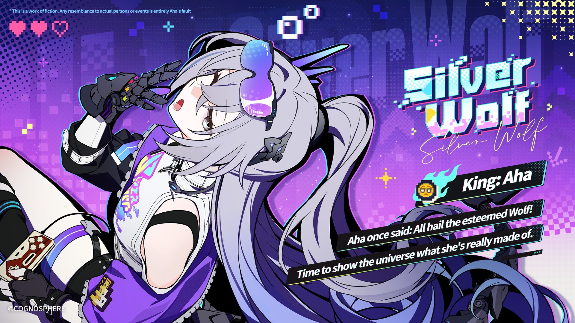 silver wolf (honkai: star rail), honkai: star rail, honkai (series), commentary, english commentary, highres, official art, 1girl, bare shoulders, black gloves, controller, copyright notice, english text, eyewear on head, fingerless gloves, game controller, gloves, gradient hair, grey hair, hair ornament, heart, holding, holding controller, holding game controller, long hair, multicolored hair, off shoulder, one eye closed, ponytail, purple hair, single fingerless glove, single mechanical glove, solo, sunglasses, thigh strap, upper body, very long hair