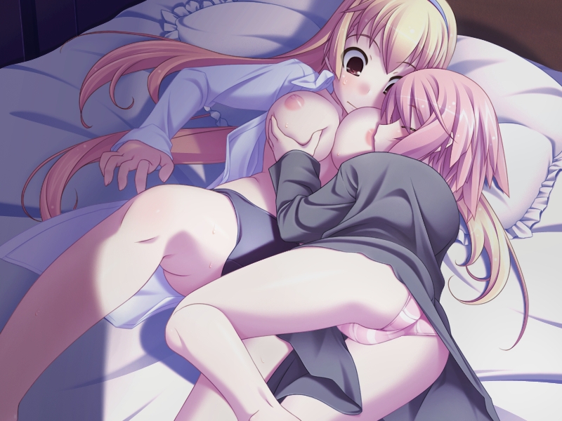 fandc, tenkuu no symphonia, tagme, 2girls, bed, blonde hair, blush, breasts, brown eyes, grabbing another's breast, groping, multiple girls, nipples, panties, pink hair, sweat, underwear, yuri