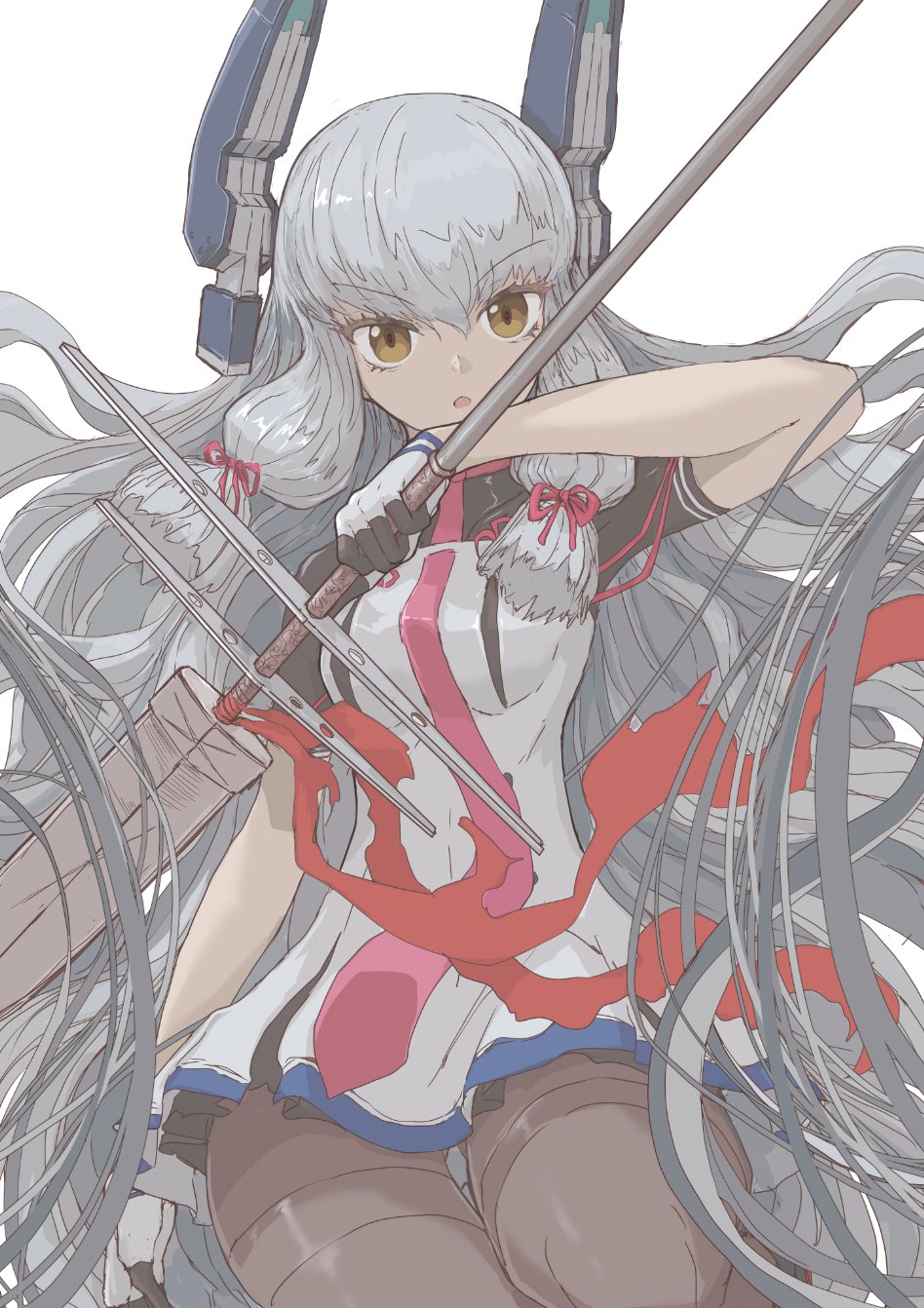 boushi-ya, murakumo (kancolle), murakumo kai ni (kancolle), kantai collection, highres, 1girl, breasts, dress, floating headgear, gloves, grey hair, hair between eyes, hair ribbon, headgear, holding, holding weapon, long hair, looking at viewer, necktie, pantyhose, parted lips, pink necktie, ribbon, short sleeves, sidelocks, simple background, small breasts, solo, thighband pantyhose, tress ribbon, very long hair, weapon, white background, yellow eyes