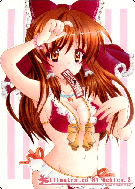 shiratori ichika, hakurei reimu, touhou, traditional media, 1girl, bikini, breasts, brown eyes, brown hair, cleavage, female focus, long hair, mouth hold, solo, swimsuit, white background