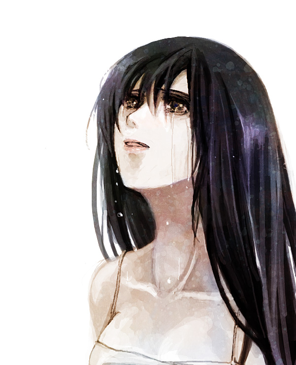 isu (artist), original, bad id, bad pixiv id, 1girl, black hair, breasts, female focus, long hair, small breasts, solo, tank top, tears, white background