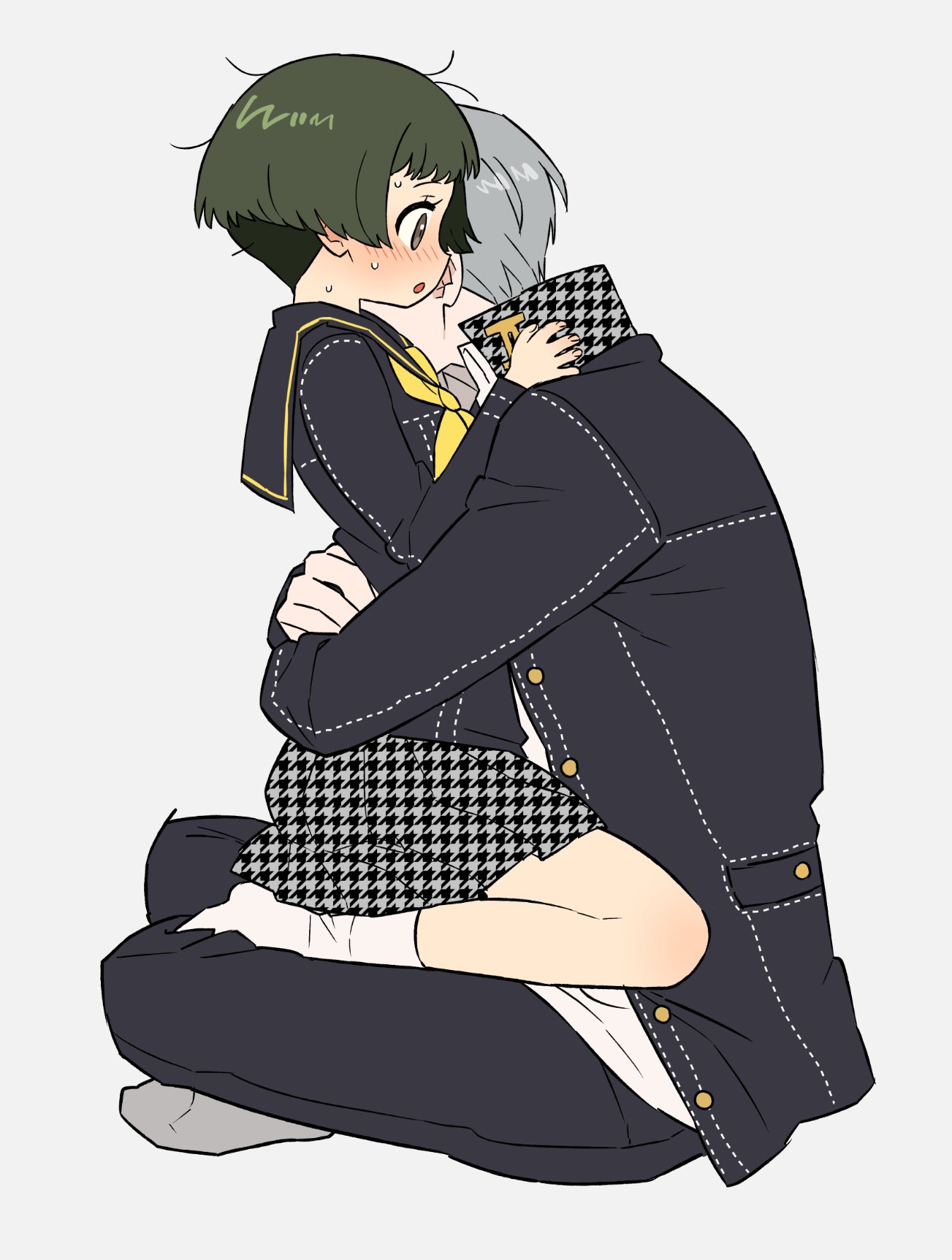 shiryoku kensa, matsunaga ayane, narukami yu, persona, persona 4, commentary request, highres, korean commentary, 1boy, 1girl, black jacket, black pants, black sailor collar, blush, from side, green hair, grey background, grey hair, grey socks, hetero, hug, jacket, long sleeves, messy hair, neckerchief, on lap, pants, parted lips, profile, sailor collar, school uniform, serafuku, short hair, simple background, sitting, skirt, socks, sweat, white socks, yasogami school uniform, yellow neckerchief