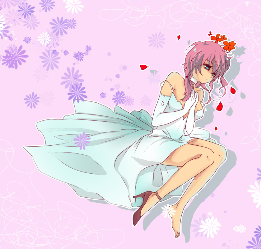 kale, feldt grace, gundam, gundam 00, bad id, bad pixiv id, 00s, 1girl, aqua eyes, breasts, dress, elbow gloves, female focus, flower, gloves, pink hair, shoes, single shoe, solo