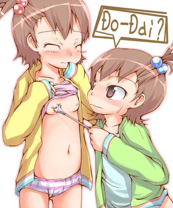 futami ami, futami mami, idolmaster, idolmaster (classic), 2girls, blush, breasts, closed eyes, clothes lift, loli, multiple girls, paintbrush, panties, shirt lift, siblings, sisters, small breasts, striped clothes, striped panties, twins, underwear
