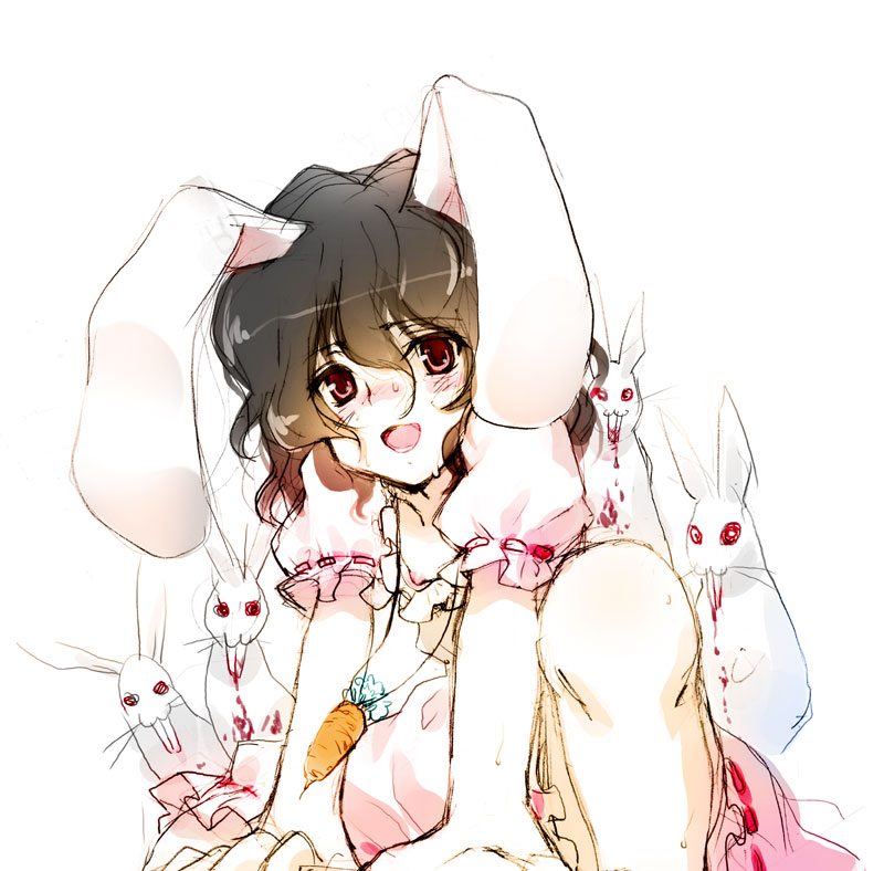 torazou, inaba tewi, touhou, 1girl, animal ears, arm support, blood, breasts, brown hair, dress, female focus, gradient hair, jewelry, kneeling, multicolored hair, nipples, pendant, pink dress, rabbit, rabbit ears, short hair, small breasts, solo, sweat, white background