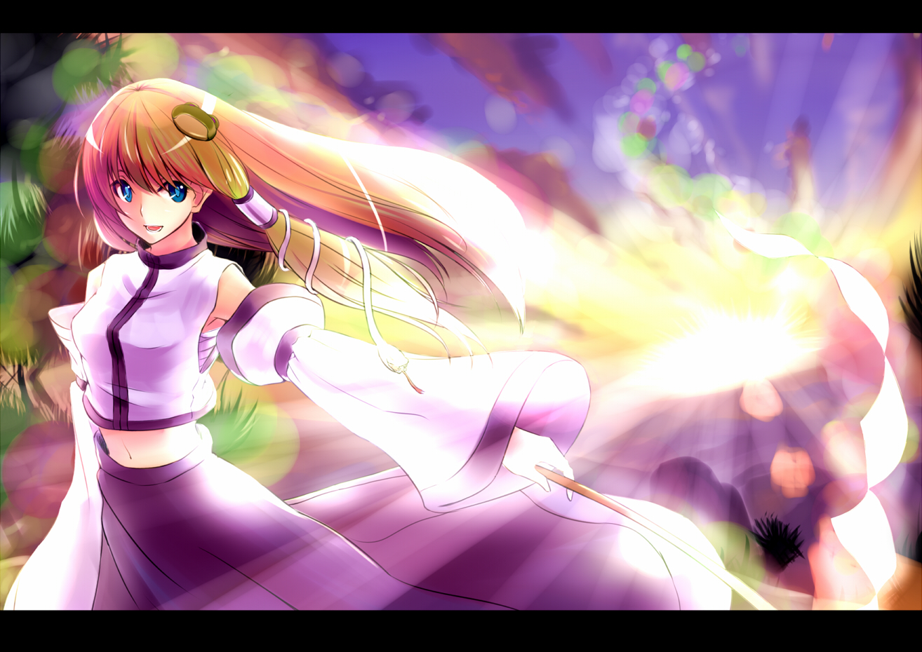 kokusan moyashi, kochiya sanae, touhou, bad id, bad pixiv id, 1girl, blue eyes, detached sleeves, female focus, frog, gohei, green hair, hair ornament, japanese clothes, letterboxed, long hair, navel, snake, solo