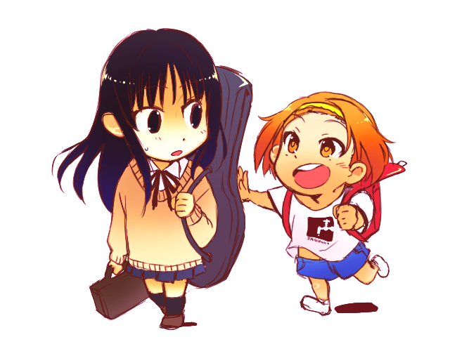 syunga, akiyama mio, tainaka ritsu, k-on!, 2girls, bag, black eyes, black hair, brown eyes, brown hair, child, guitar case, hairband, instrument case, long hair, multiple girls, school uniform, short hair, time paradox