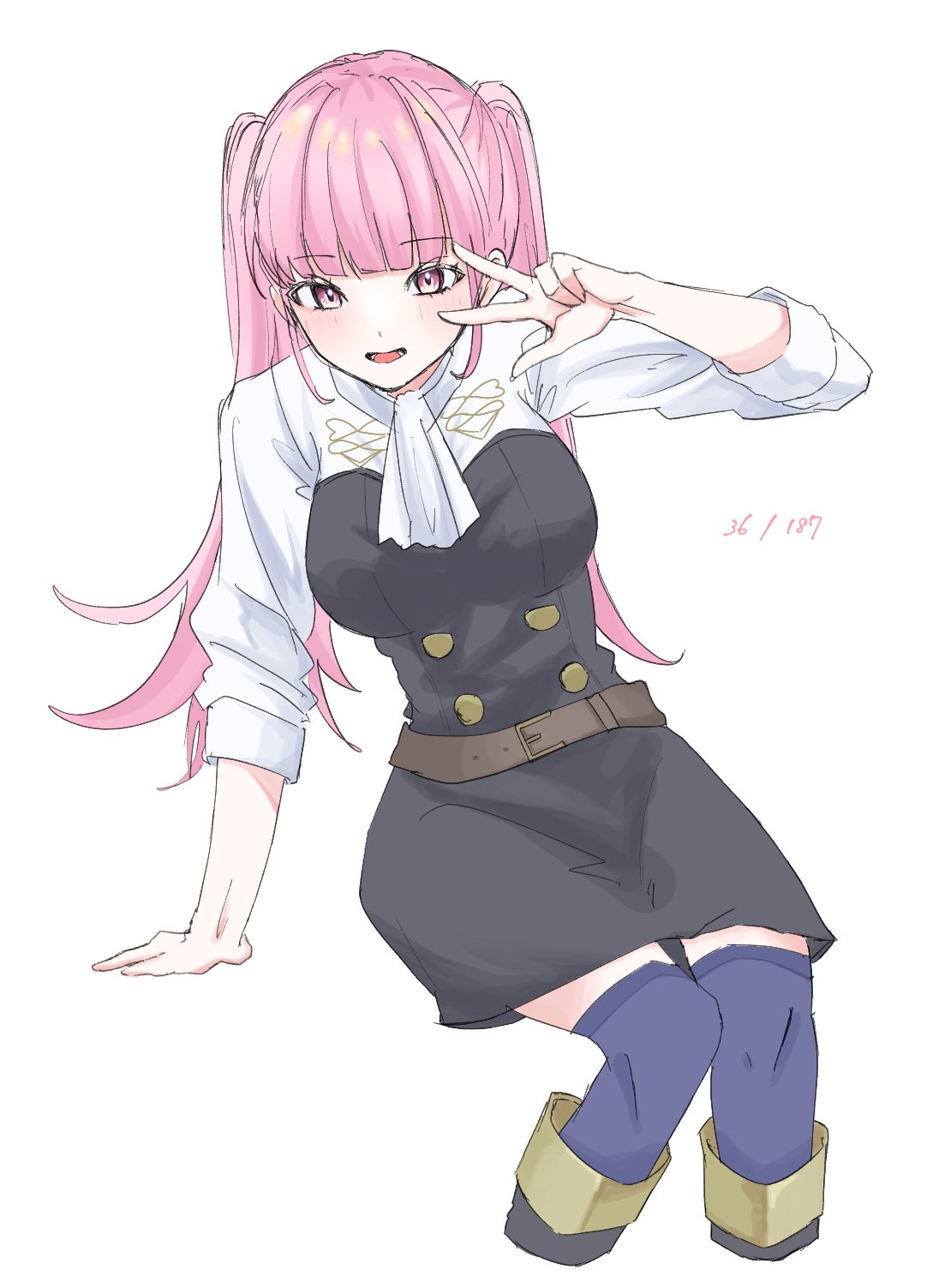 sayaka (fe uma274), hilda valentine goneril, fire emblem, fire emblem: three houses, nintendo, highres, 1girl, ascot, belt, black thighhighs, blue thighhighs, blush, breasts, brown belt, buttons, garreg mach monastery uniform, invisible chair, large breasts, long hair, long sleeves, looking at viewer, open mouth, pink eyes, pink hair, simple background, sitting, smile, solo, thighhighs, thighs, twintails, very long hair, w, white ascot, yellow belt