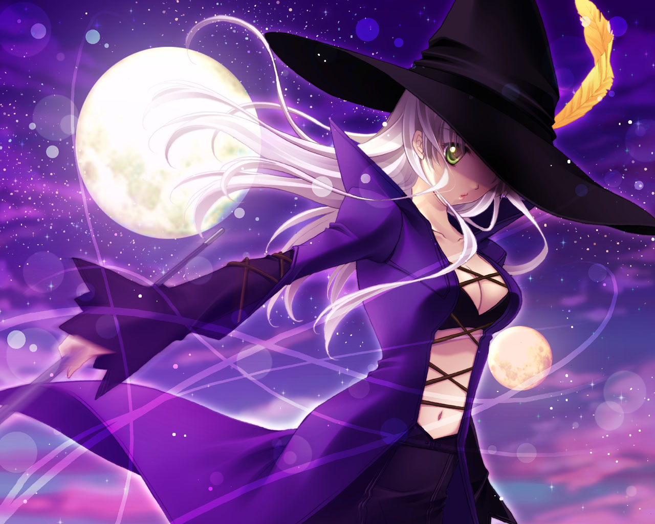 nishiwaki yuuri, player character (mabinogi), mabinogi, silver hair, bad id, bad pixiv id, 1girl, breasts, cleavage, feathers, female focus, green eyes, hat, hat feather, moon, navel, solo, staff, weapon, witch, witch hat