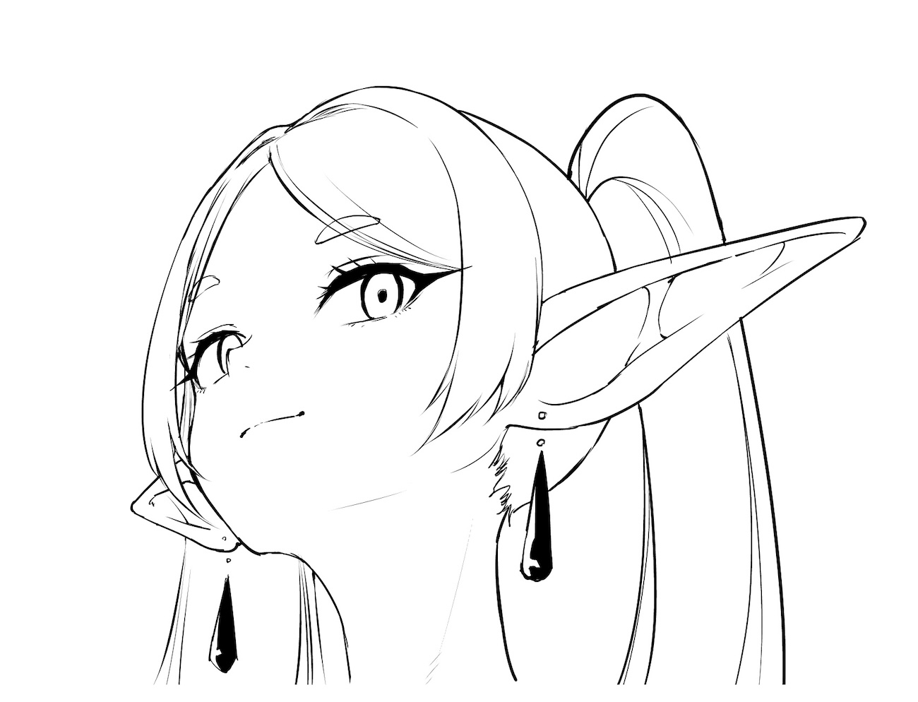 fan no hitori, frieren, sousou no frieren, 1girl, closed mouth, earrings, elf, jewelry, long hair, meme, parted bangs, pointy ears, portrait, sidelocks, solo, thick eyebrows, twintails, upward angle frieren drawing (meme), white background