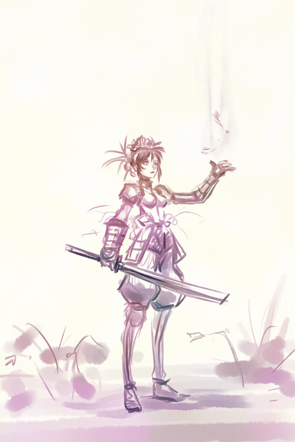 tamago, tamago (yotsumi works), 1girl, armor, female focus, monochrome, purple theme, short hair, sketch, solo, sword, weapon