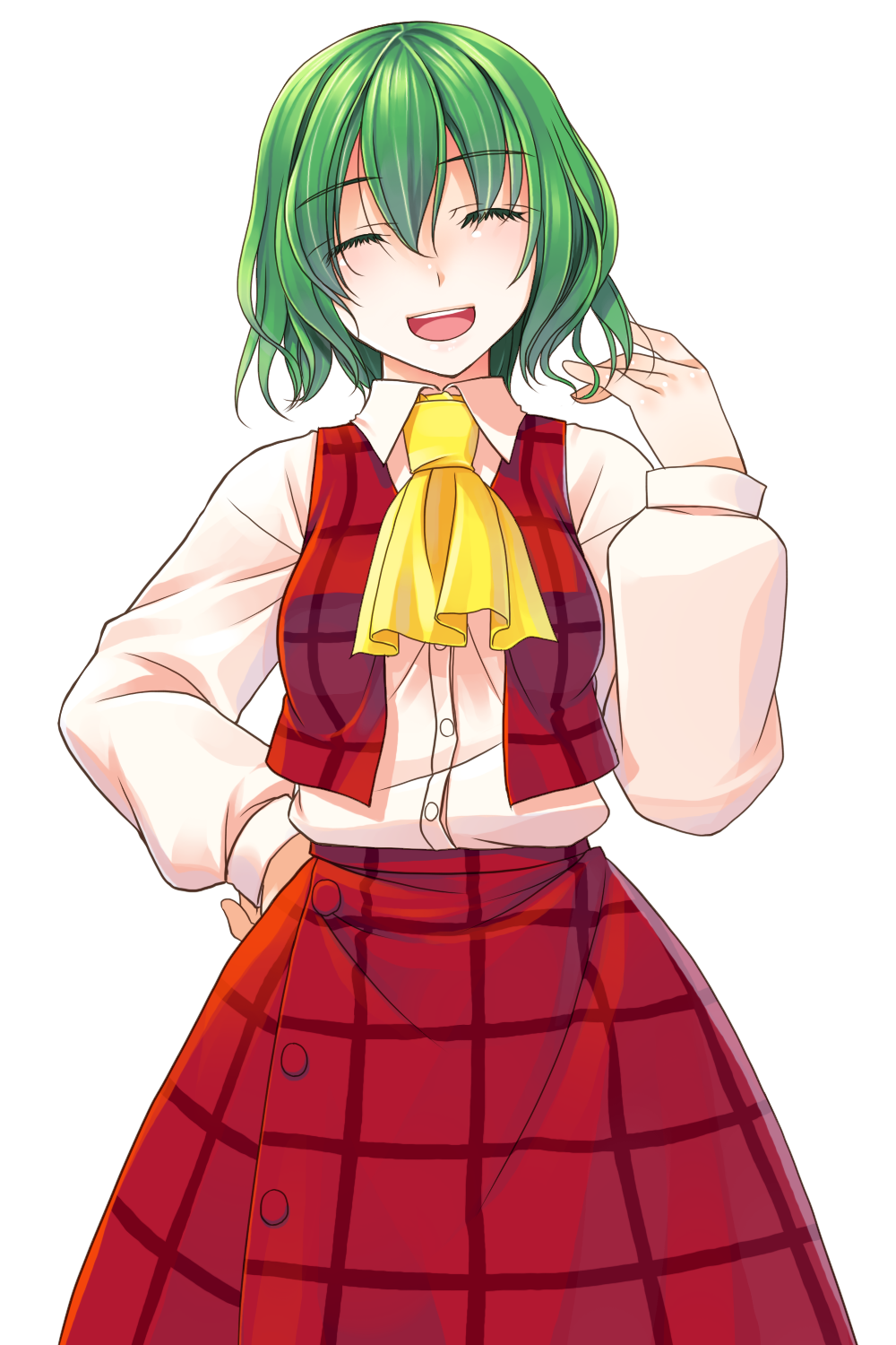 crote, kazami yuuka, touhou, commentary request, highres, large variant set, variant set, 1girl, :d, ascot, buttons, closed eyes, facing viewer, green hair, hand on own hip, hand up, long skirt, long sleeves, notice lines, open clothes, open mouth, open vest, plaid clothes, plaid skirt, plaid vest, puffy long sleeves, puffy sleeves, red skirt, red vest, shirt, shirt tucked in, short hair, skirt, skirt set, sleeve cuffs, smile, solo, tachi-e, teeth, transparent background, upper teeth only, vest, white shirt, yellow ascot
