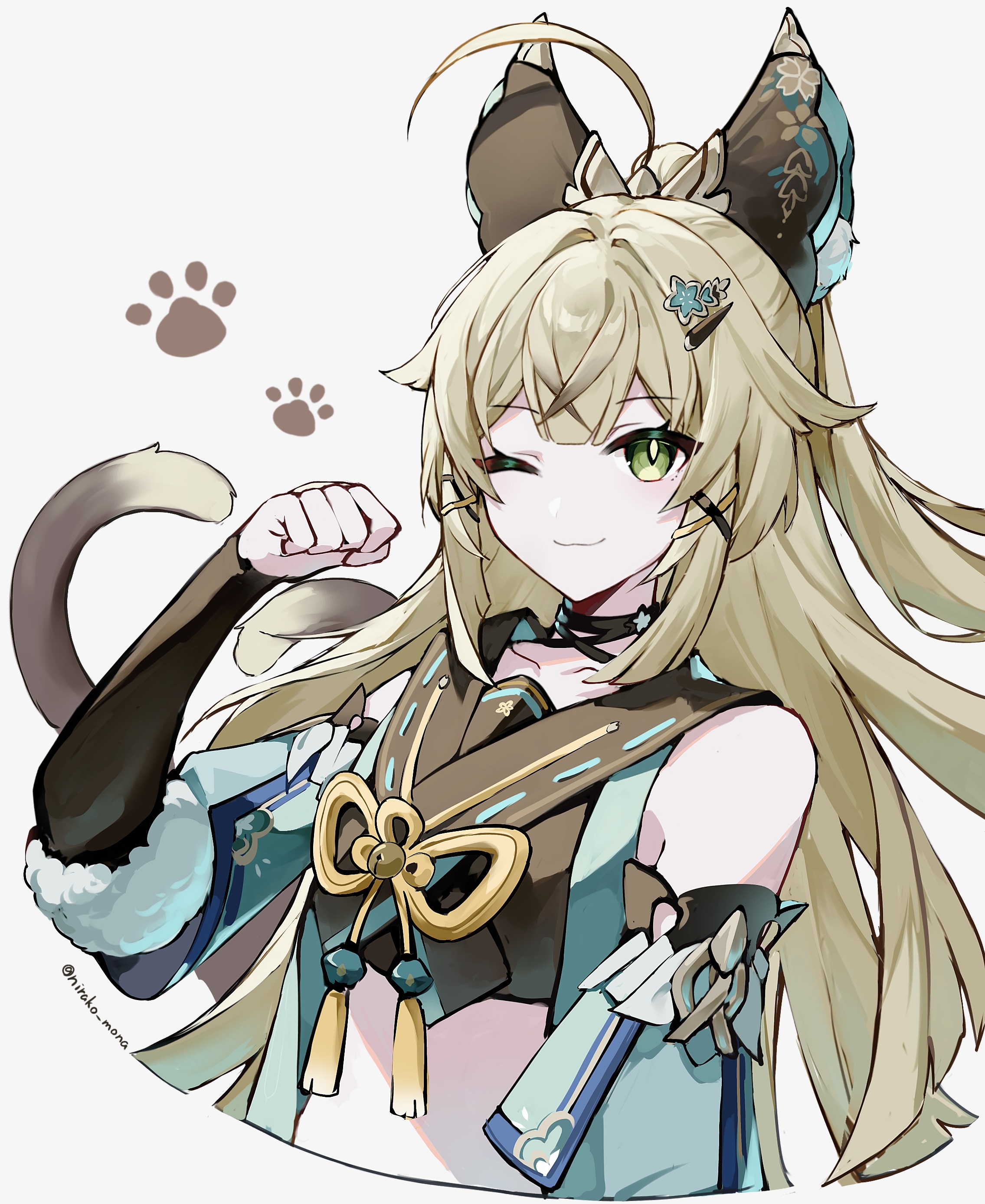 nirako mona, kirara (genshin impact), genshin impact, absurdres, commentary request, highres, 1girl, ahoge, blonde hair, bow, choker, cropped torso, detached sleeves, green eyes, grey background, hair bow, hair ornament, hairclip, japanese clothes, long hair, looking at viewer, multiple tails, nekomata, one eye closed, paw pose, paw print, slit pupils, smile, solo, stomach, tail, two tails, upper body