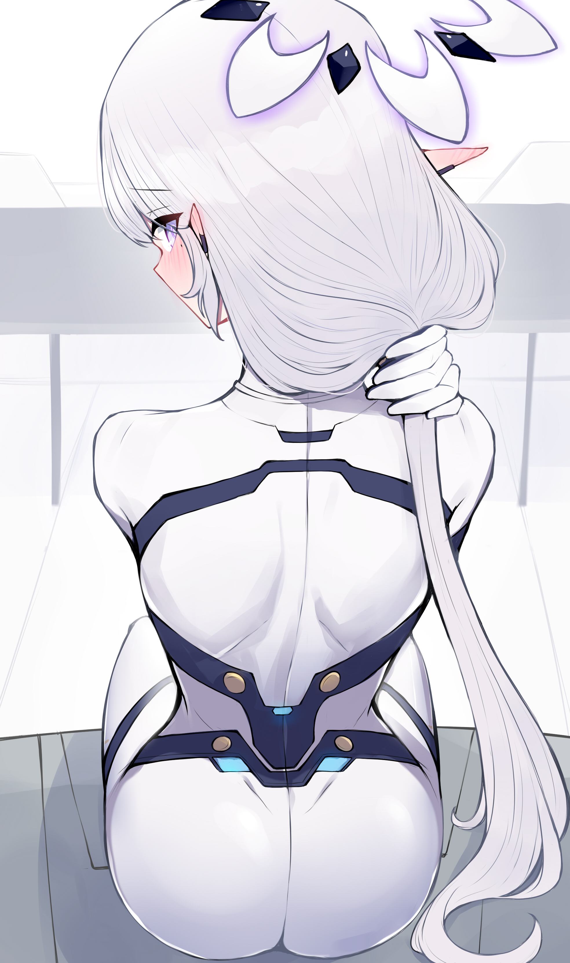 blu berry, himari (blue archive), himari (bodysuit) (blue archive), blue archive, absurdres, commentary, english commentary, highres, ass, back, back focus, blush, bodysuit, from behind, halo, holding, holding own hair, long hair, looking back, multicolored halo, pointy ears, purple eyes, simple background, two-tone halo, very long hair, white background, white bodysuit, white hair, white halo
