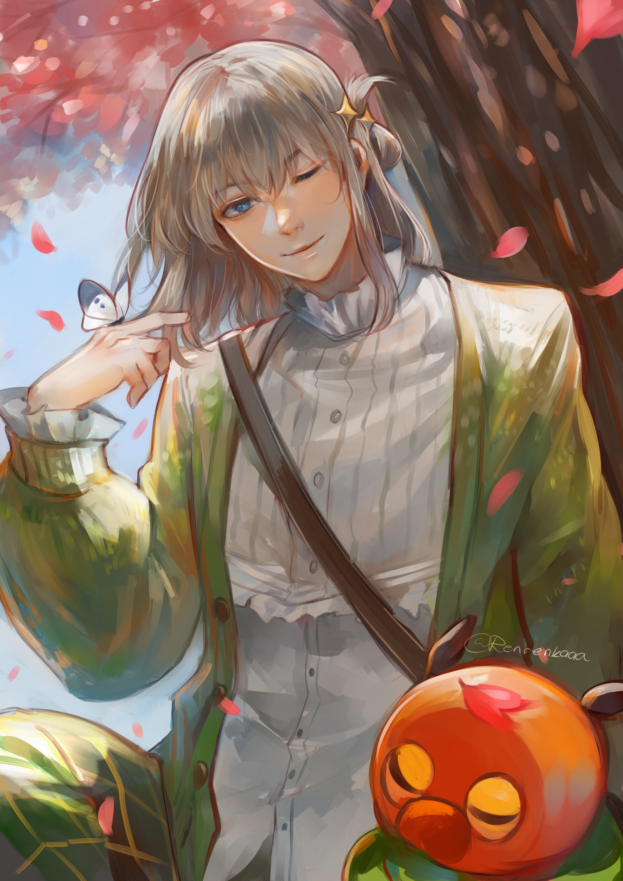 renrenka noi, oberon (cherry blossom viewing) (fate), oberon (fate), fate/grand order, fate (series), absurdres, commentary request, highres, 1boy, blue eyes, bug, buttons, caterpillar, closed mouth, green jacket, green pants, grey hair, insect, jacket, long sleeves, looking at viewer, moth, one eye closed, outdoors, pants, petals, shirt, short hair, solo, tree, twitter username, under tree, white shirt