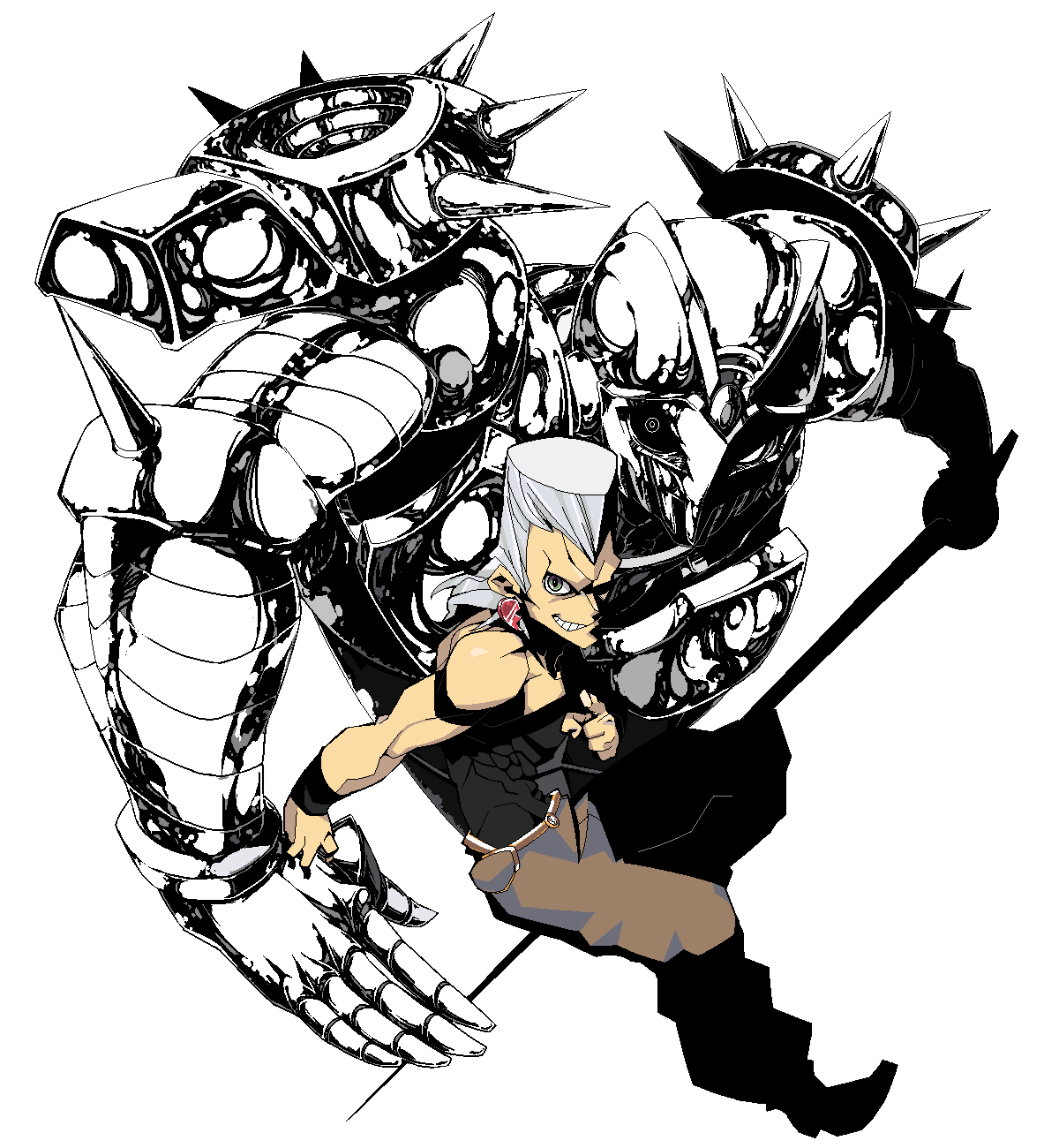 jill besson (vordandan), jean pierre polnareff, silver chariot, jojo no kimyou na bouken, silver hair, highres, 1boy, armor, bare shoulders, earrings, green eyes, grin, jewelry, male focus, muscular, pointing, rapier, shirt, smile, spikes, stand (jojo), sword, tight shirt, weapon, wristband