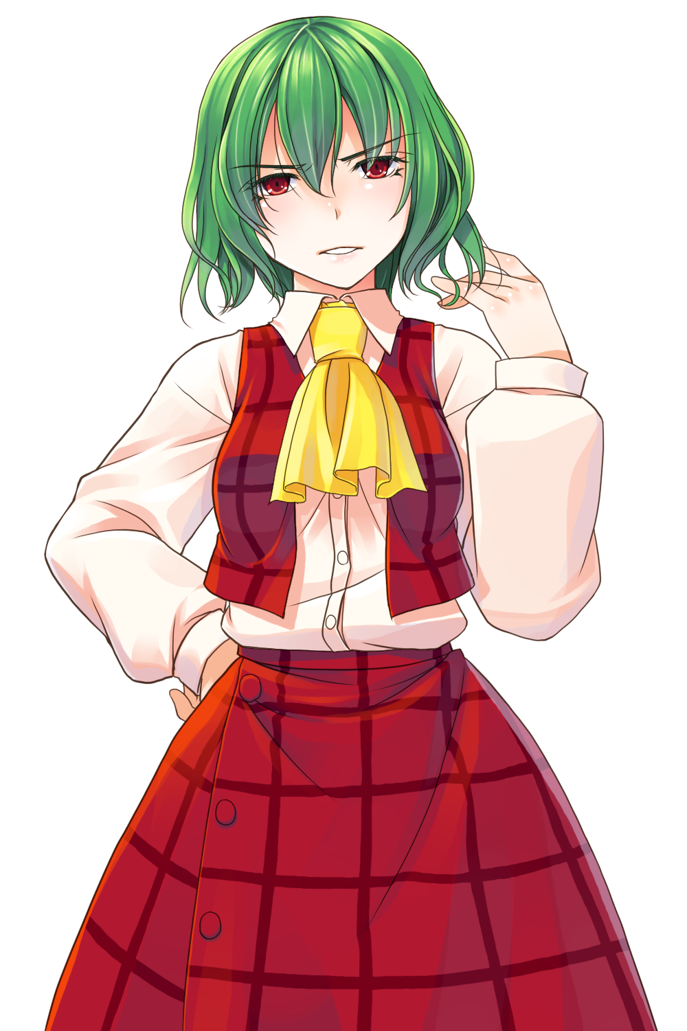 crote, kazami yuuka, touhou, commentary request, highres, large variant set, variant set, 1girl, ascot, buttons, collared shirt, green hair, hair between eyes, half-closed eyes, hand on own hip, hand up, long skirt, long sleeves, looking at viewer, open clothes, open vest, parted lips, plaid clothes, plaid skirt, plaid vest, puffy long sleeves, puffy sleeves, red eyes, red skirt, red vest, shirt, shirt tucked in, short hair, skirt, sleeve cuffs, solo, tachi-e, transparent background, v-shaped eyebrows, vest, white shirt, yellow ascot