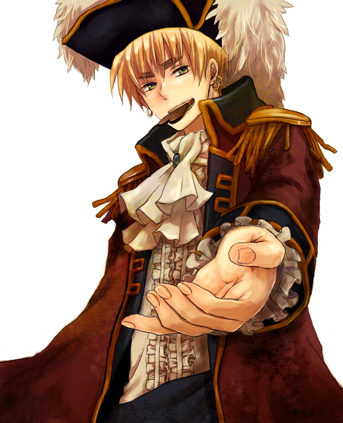 togota, united kingdom (hetalia), axis powers hetalia, bad id, bad pixiv id, 1boy, blonde hair, chocolate, coat, earrings, hat, heart, jewelry, male focus, mouth hold, pirate, solo, white background