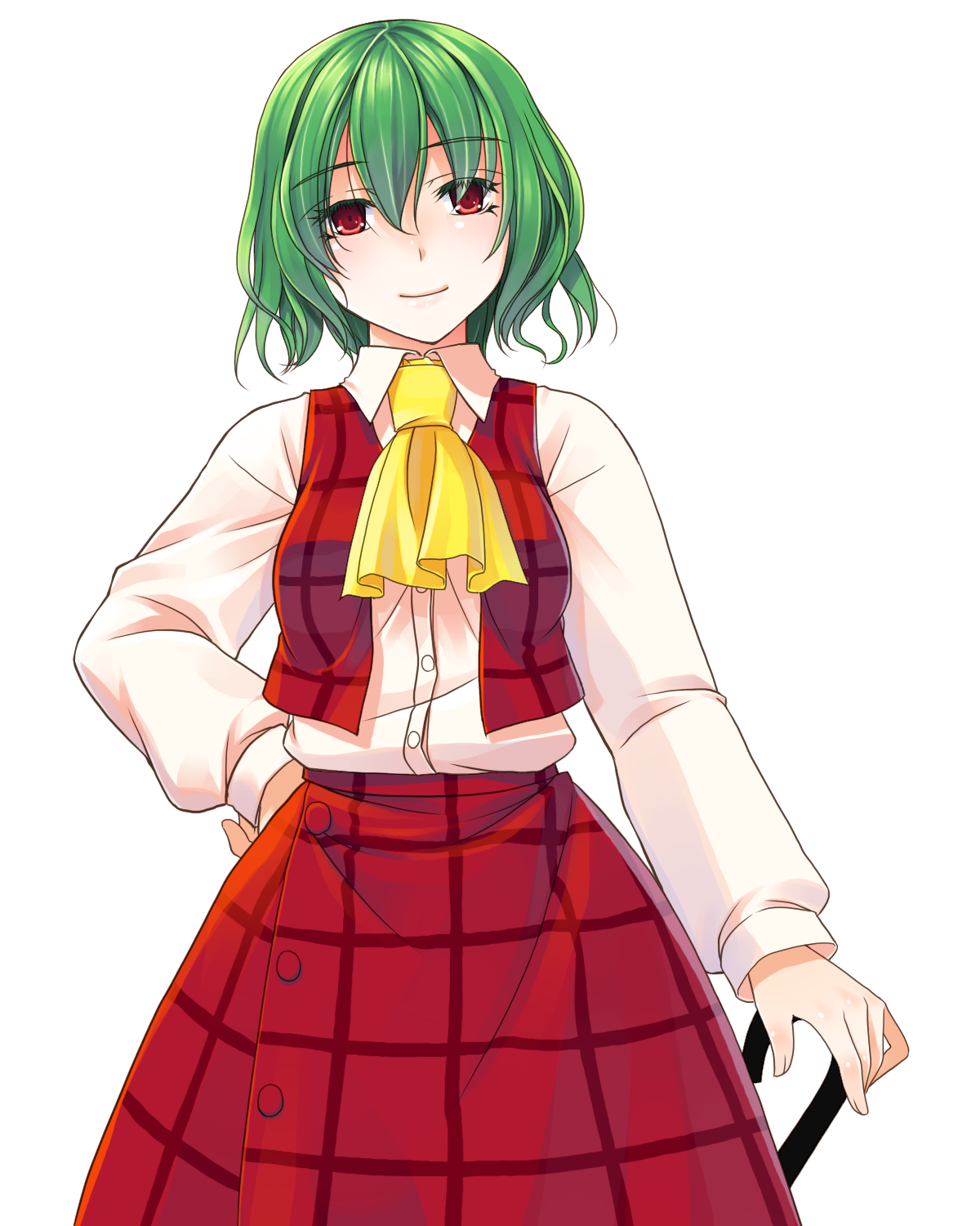 crote, kazami yuuka, touhou, commentary request, highres, large variant set, variant set, 1girl, ascot, buttons, closed mouth, closed umbrella, collared shirt, green hair, hair between eyes, hand on own hip, long skirt, long sleeves, looking at viewer, open clothes, open vest, plaid clothes, plaid skirt, plaid vest, planted, planted umbrella, puffy long sleeves, puffy sleeves, red eyes, red skirt, red vest, shirt, shirt tucked in, short hair, skirt, skirt set, sleeve cuffs, smile, solo, tachi-e, transparent background, umbrella, vest, white shirt, yellow ascot