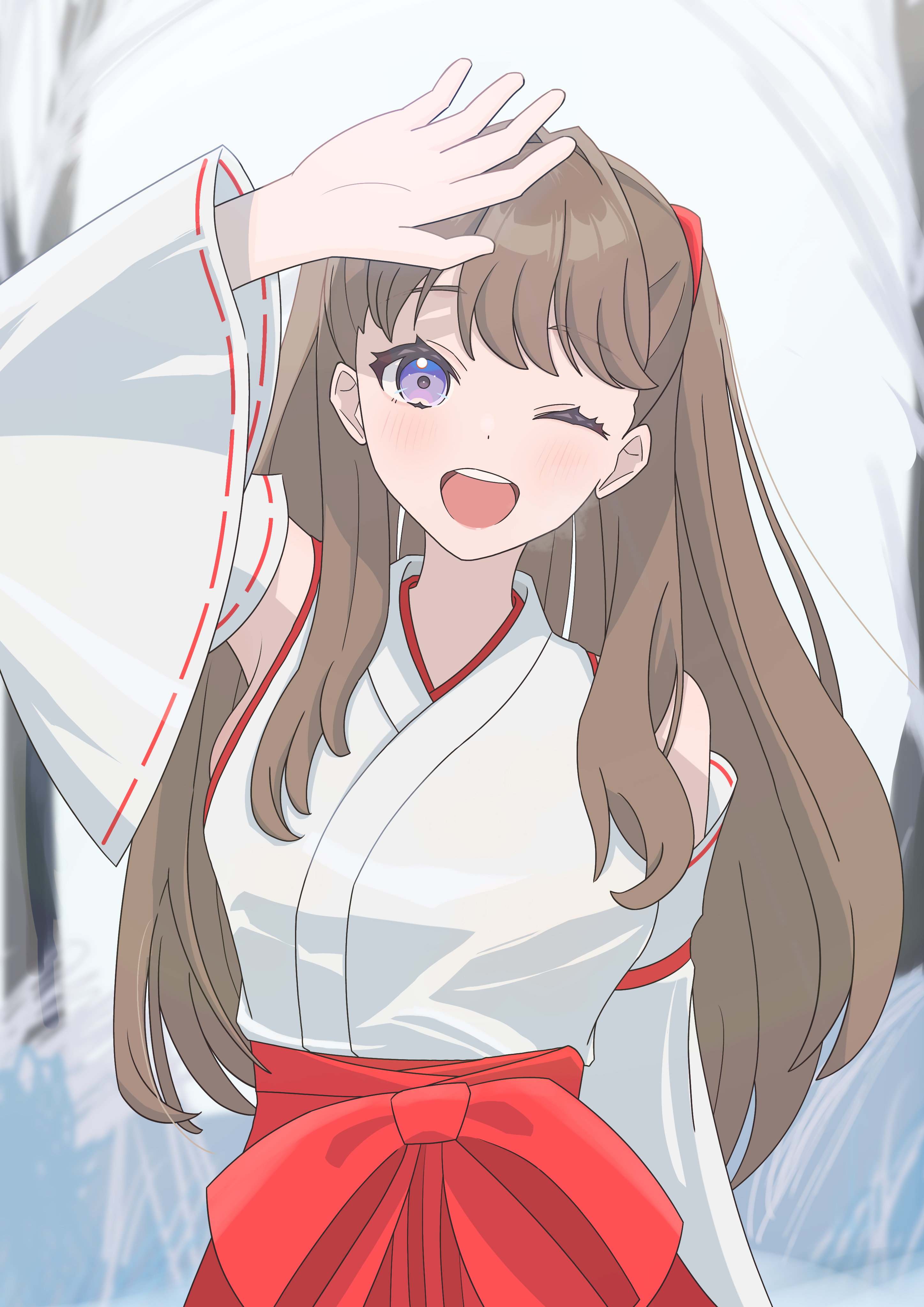 fujishima megumi, link! like! love live!, love live!, absurdres, commentary request, highres, 1girl, ;d, alternate costume, arm up, bare shoulders, breasts, detached sleeves, hakama, hasutousan, japanese clothes, kimono, large breasts, looking at viewer, nontraditional miko, one eye closed, open mouth, purple eyes, red hakama, sideboob, sleeveless, sleeveless kimono, smile, solo, teeth, upper teeth only, virtual youtuber, white kimono, white sleeves, wide sleeves